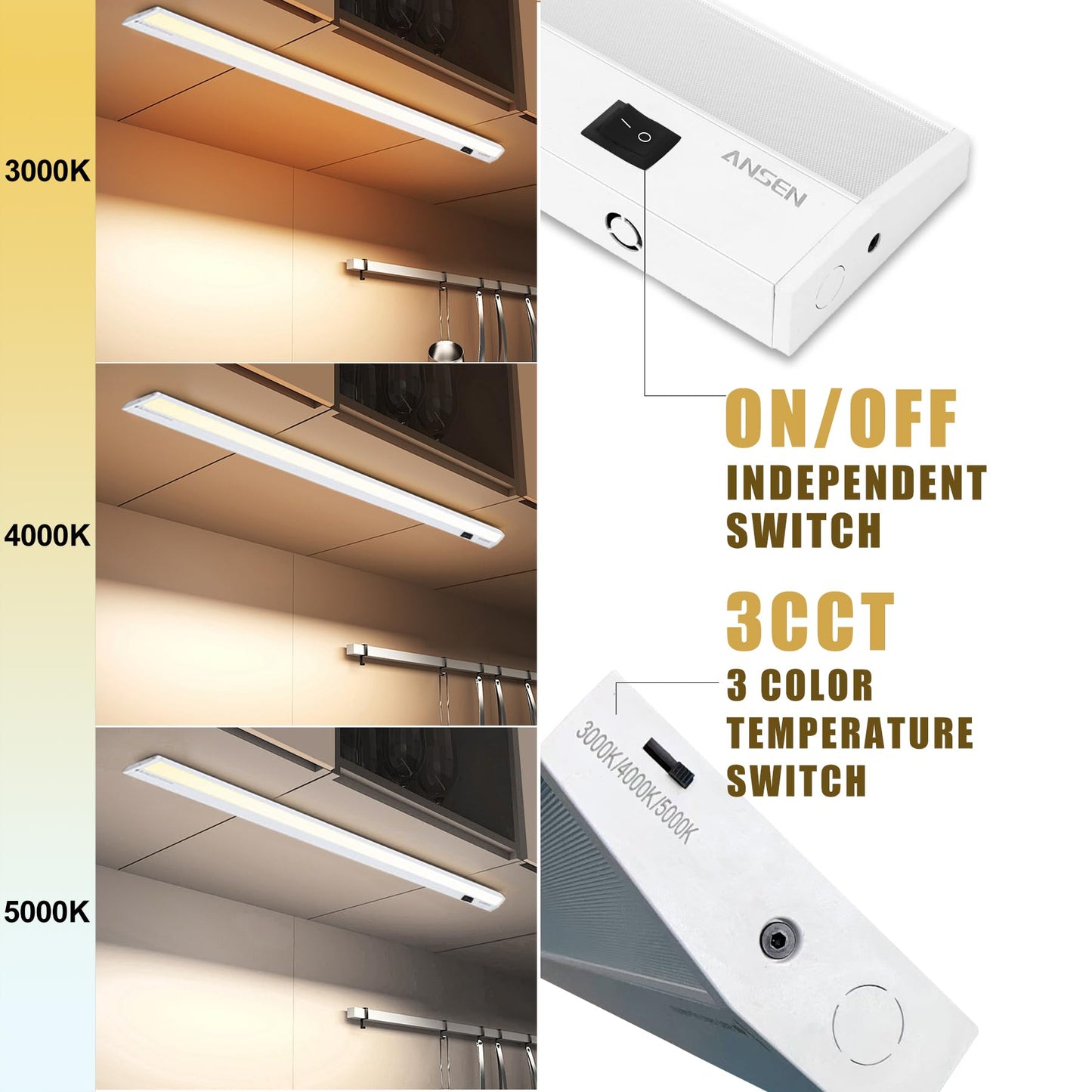 Ansen Hardwired Under Cabinet Lighting, 48in 26W LED Light for Kitchen/Closet, 1720lm, CRI>92, R9>90, Dimmable, 3 Color Temperature, 3000K/4000K/5000K(Warm White, Cool White, Daylight)