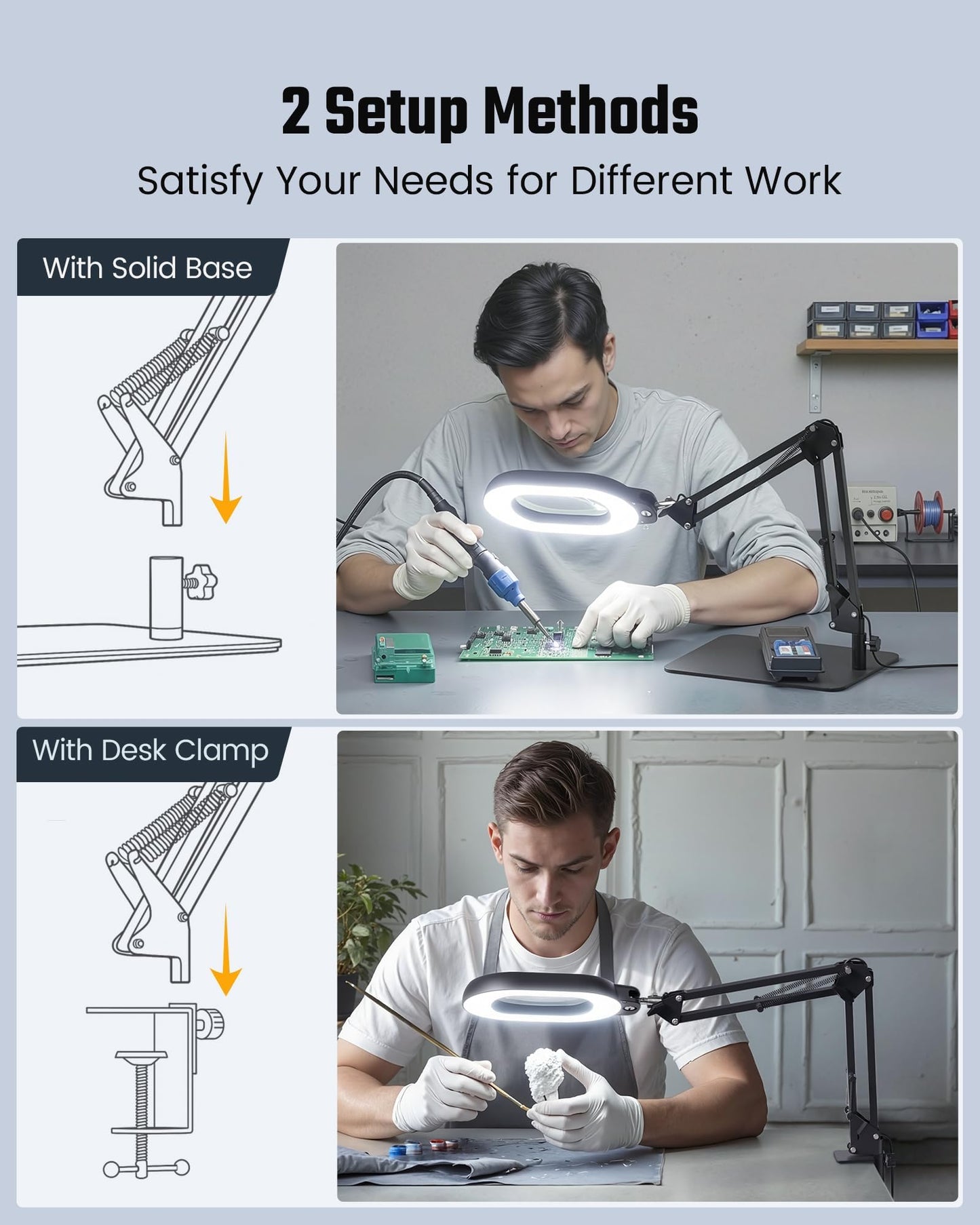 ONLYWIN Magnifying Desk Lamp, 10X Square Magnifying Glass with Light and Stand, Dimmable LED Magnifier Lamp with Clamp and Base, Adjustable Swing Arm Light for Close Work, Reading, Crafting, Black