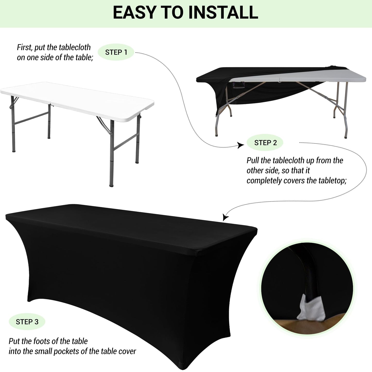 Obstal 6 Pack Stretch Spandex Table Covers for 6 Foot Tables - 6 FT Universal Rectangular Fitted Tablecloth Protector for Wedding, Banquet, Party (Black, 72 Length x 30 Width x 30 Height Inches)