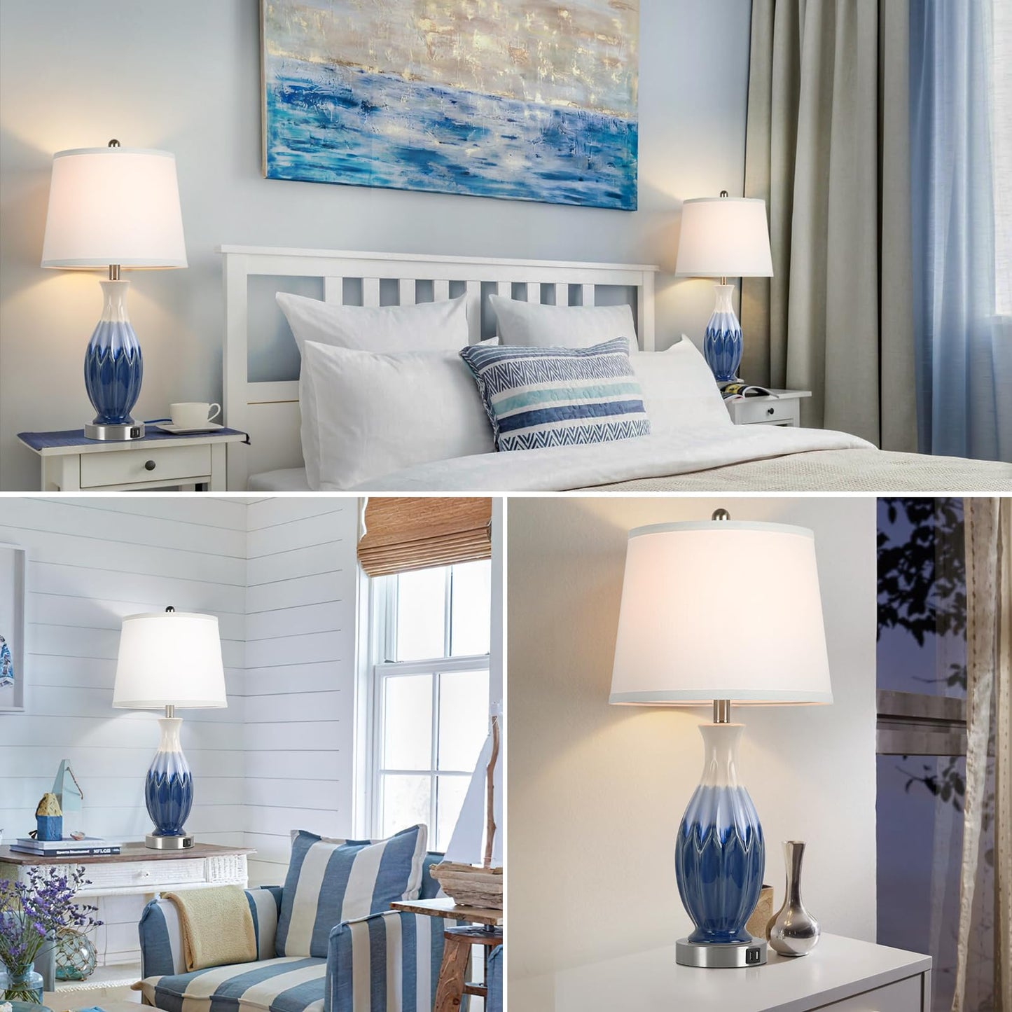 28” Tall Table Lamps Set of 2, Ceramic Navy Blue Bedside Lamps with USB Ports, Coastal Lamp with White Fabric Shade, Large Bedroom Table Lamps for End Table Living Room Nightstand