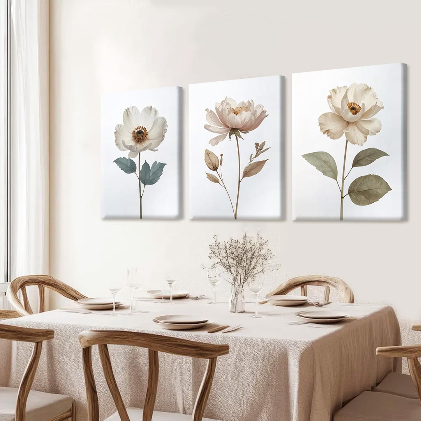 AUUAUU Elegant Neutral Floral Wall Art Set of 3 Framed Boho Botanical Aesthetic Canvas Prints Peony Anemone Flower Art Posters 16x24 Inch Minimalist Wall Decor for Home Kitchen Living Room Bedroom