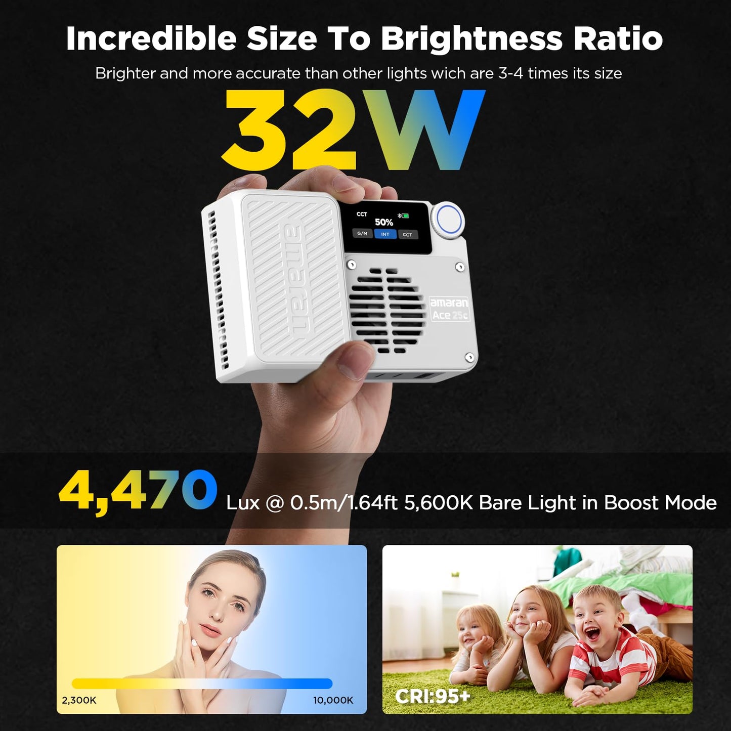 Amaran Ace 25c Kit, Pocket RGBWW LED Light, Boost Mode Up to 32W, Full-Color Mini Video Light (2,300-10,000K), 1,500 Lux@1m at 5,600K, 4500mAh Battery with PD Charging for Mobile Creators (White)