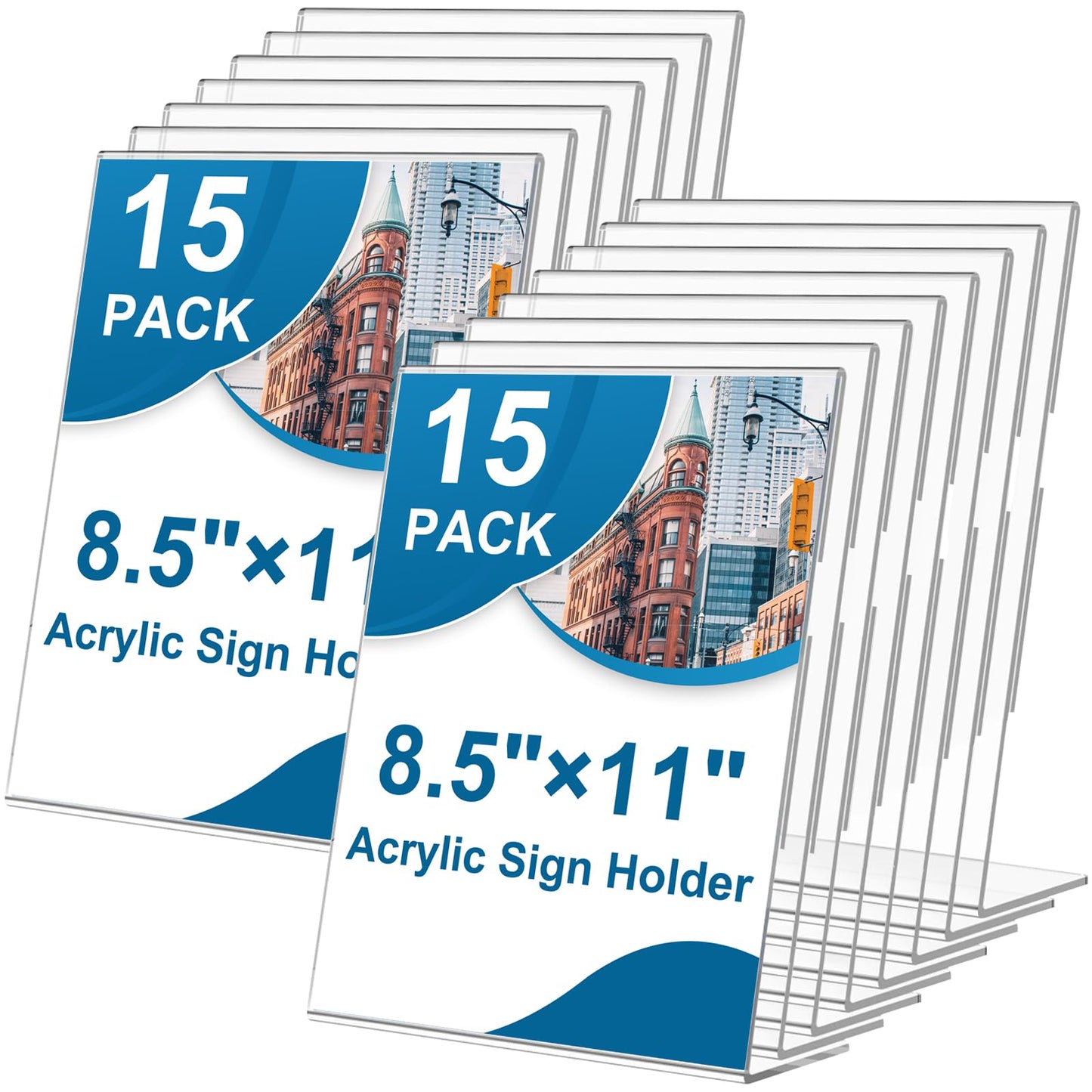 15 Pack Acrylic Sign Holder 8.5 x 11, L-Shape Clear Plastic Display Stand for Tabletop, Acrylic Stands for Flyers, Table Paper Holder, Vertical Sign Holder 8.5x11 for Restaurants, Office and School(Slant 15 Pack 8.5x11)