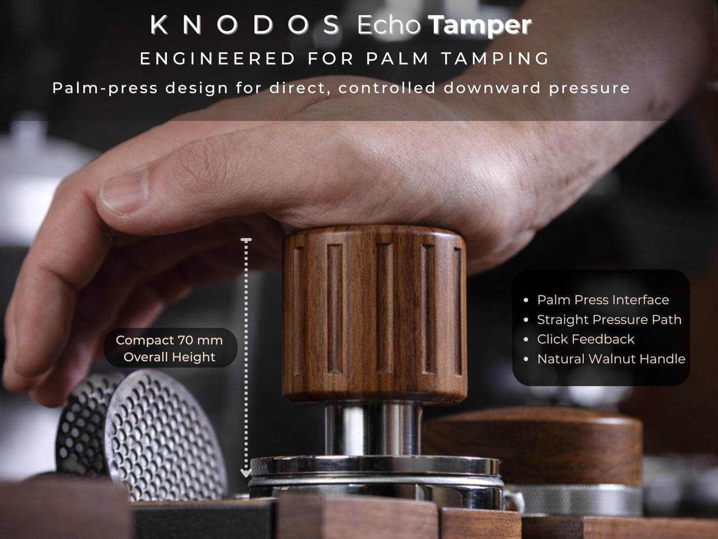 KNODOS Echo Self Leveling Espresso Tamper 54mm with Walnut Handle – 30lb Calibrated Spring Loaded Tamper Tool & Click Feedback for Breville Barista Express, Bambino Plus, Pro, Touch