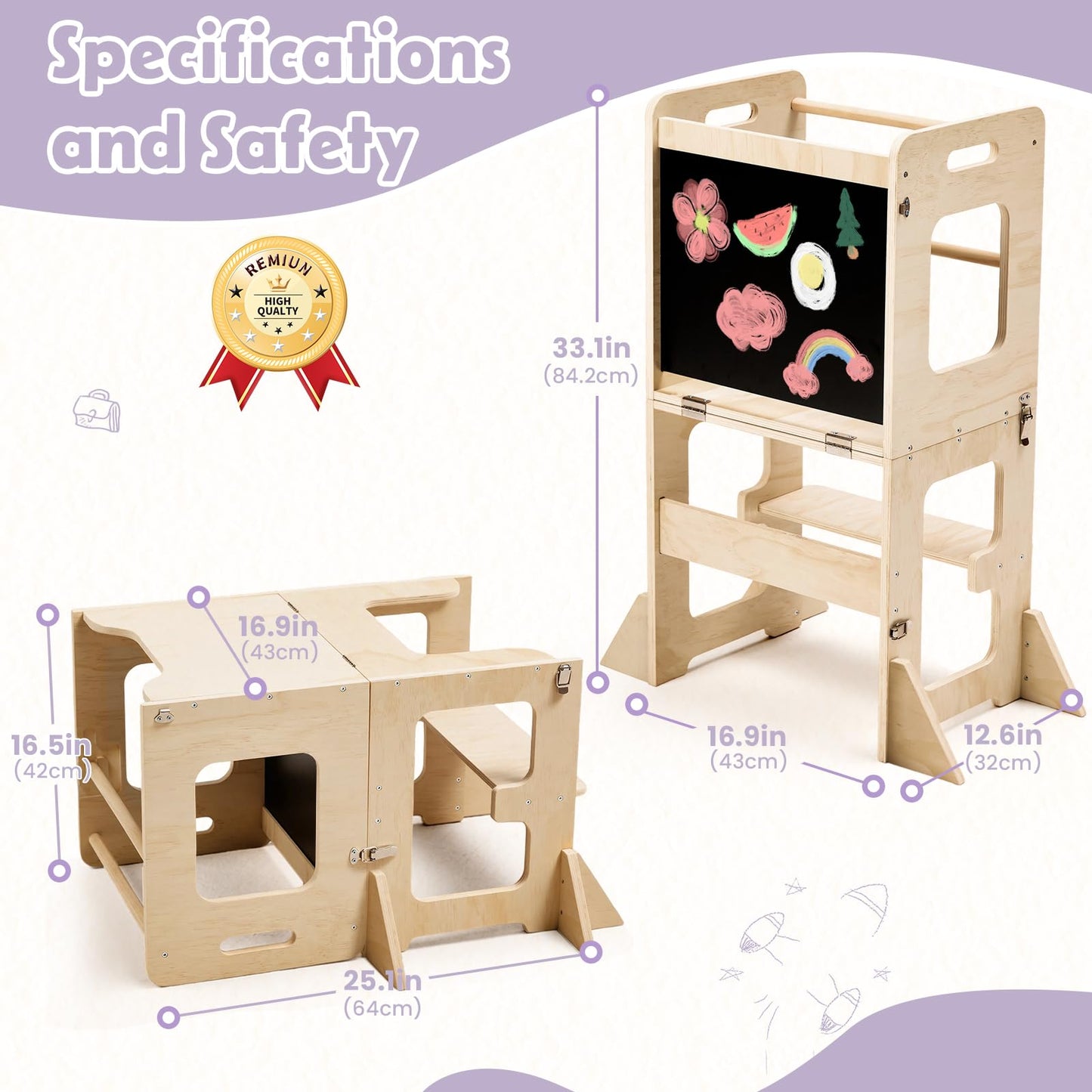 labebe Toddler Standing Tower for 12M+, Montessori Foldable Learning Standing Tower with Blackboard, Anti-tip Structure Design,Wooden Kitchen Step Helper Stool for 1-3 Year Old Boy Girl Gift