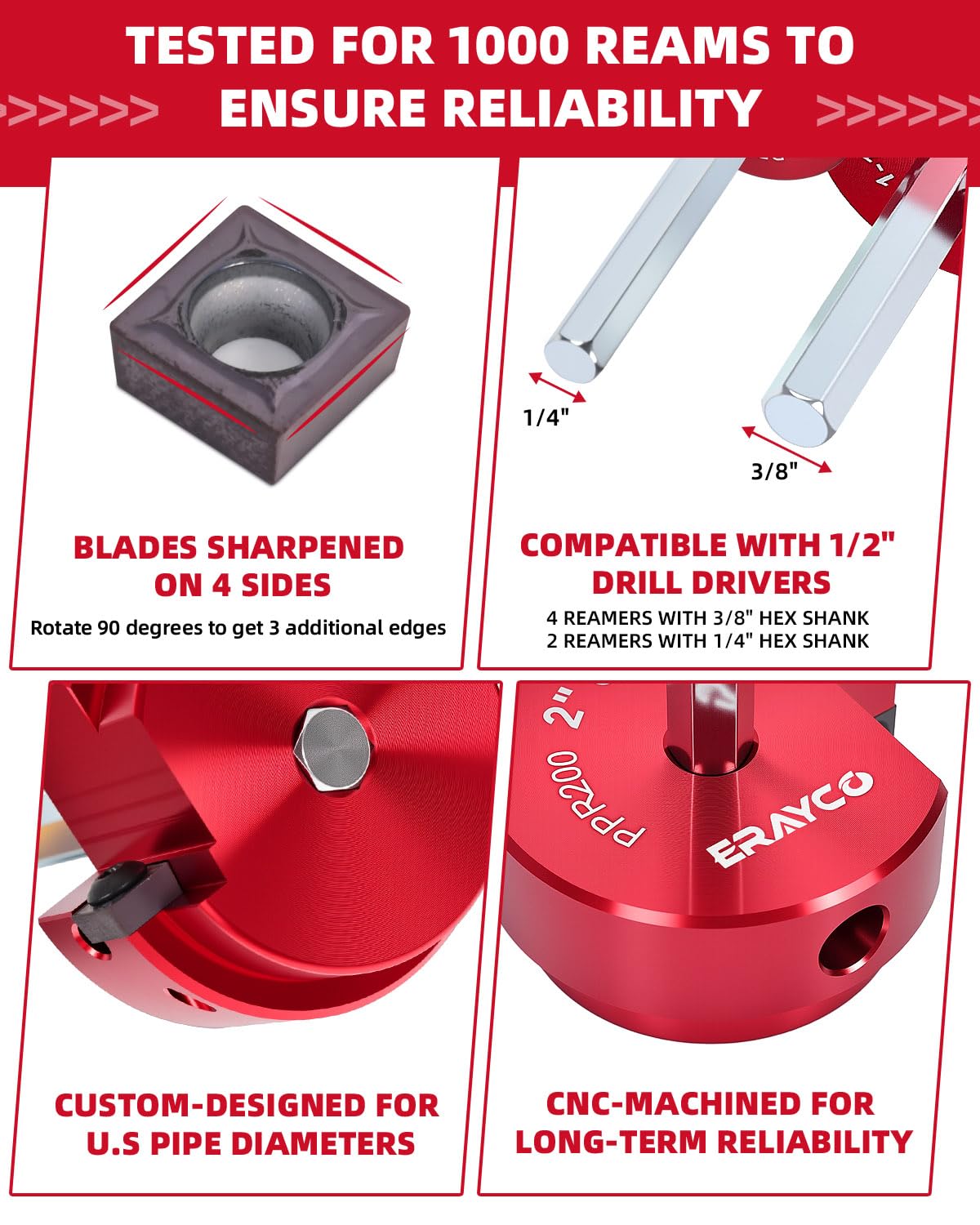 ERAYCO 6PCS PVC Pipe Reamer Kit, Plastic Pipe Fitting Reamer Tool, Fit into Standard 1/2" Drills, PVC Fitting Saver for SCH40 PVC CPVC ABS Pipe (3/4'', 1'', 1-1/2'', 2'', 3'', 4'')