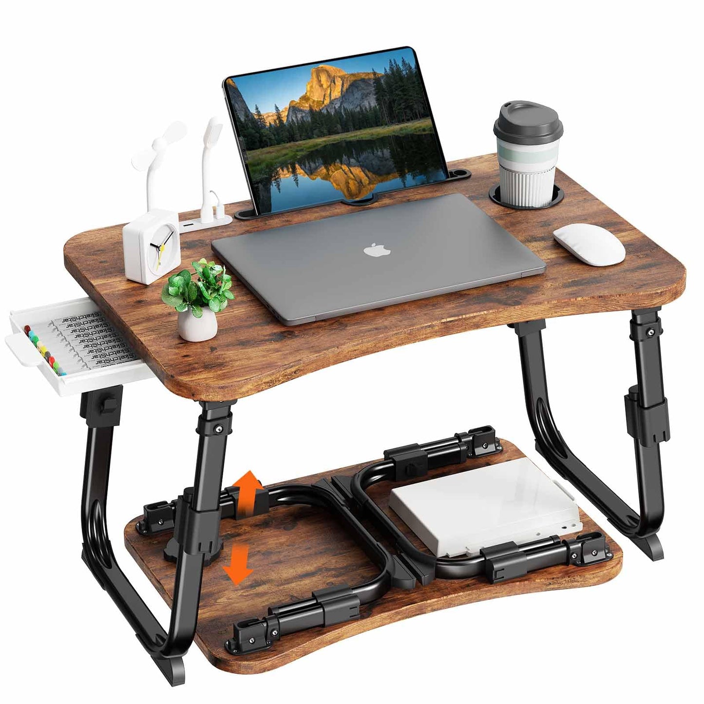 BYMECOST Laptop Desk for Bed, Height Adjustable Laptop Bed Table, Foldable Portable Lap Desk Stand with USB/Storage Drawer/Cup Holder/Slot, Breakfast Tray for Working Reading Writing Eating
