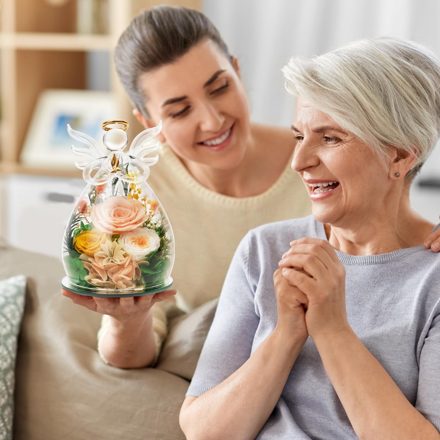 Kemiputi Gifts for Mom Birthday Gifts for Women, Preserved Rose in Glass Angel Figurines, Forever Flowers for Delivery, Anniversary Real Rose Gift for Grandma Wife Her from Daughter