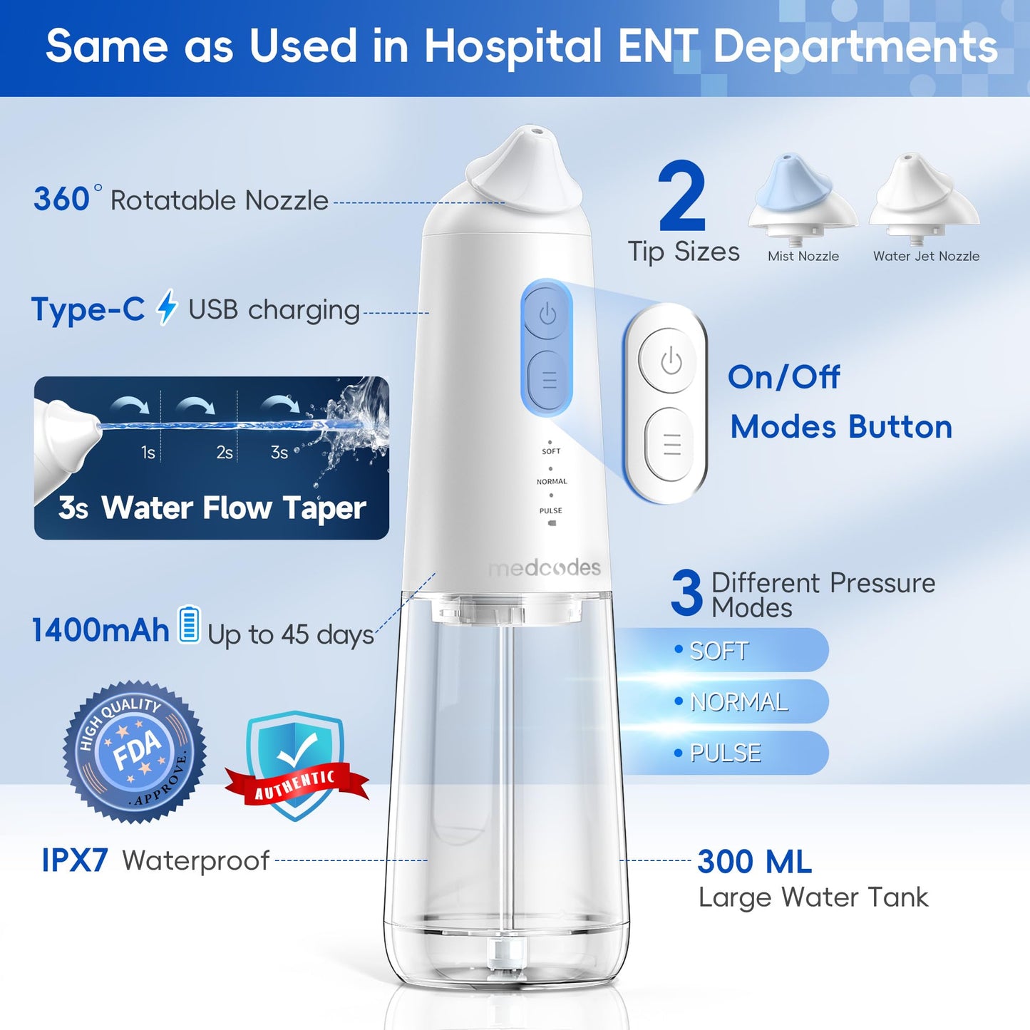 Medcodes Nasal Irrigation System, Cordless Pulsating Sinus Rinse Bottle, Nasal Rinse Machine for Sinus Relief & Nasal Care, Electric Neti Pot Nose Cleaner with 30 Salt Pods Nasal Wash Kit