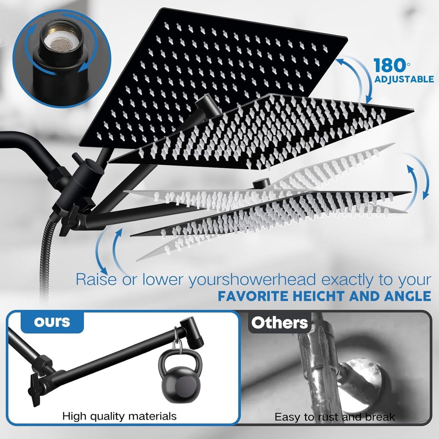 Shower Head,12”Rain Shower Head with Handheld Spray Combo with 11'' Angle Adjustable Extension Arm/Flow Regulator/Shower System,High Pressure Rainfall Shower Head Clean Bathroom,Matt Black