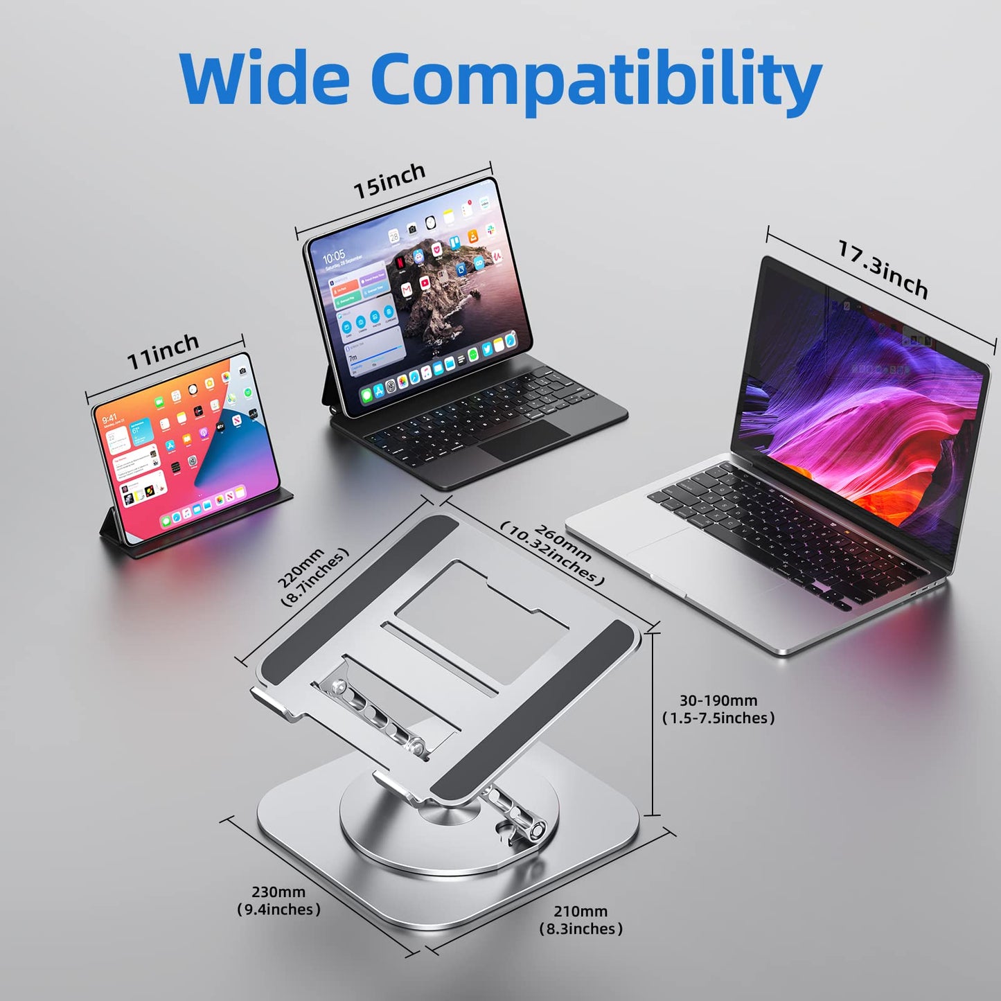 MCHOSE Adjustable Laptop Stand for Desk, Ergonomic Riser with 360° Rotating Base, Foldable Notebook Computer Holder Compatible MacBook Air Pro, Dell XPS, More 10-17" Laptops, Silver