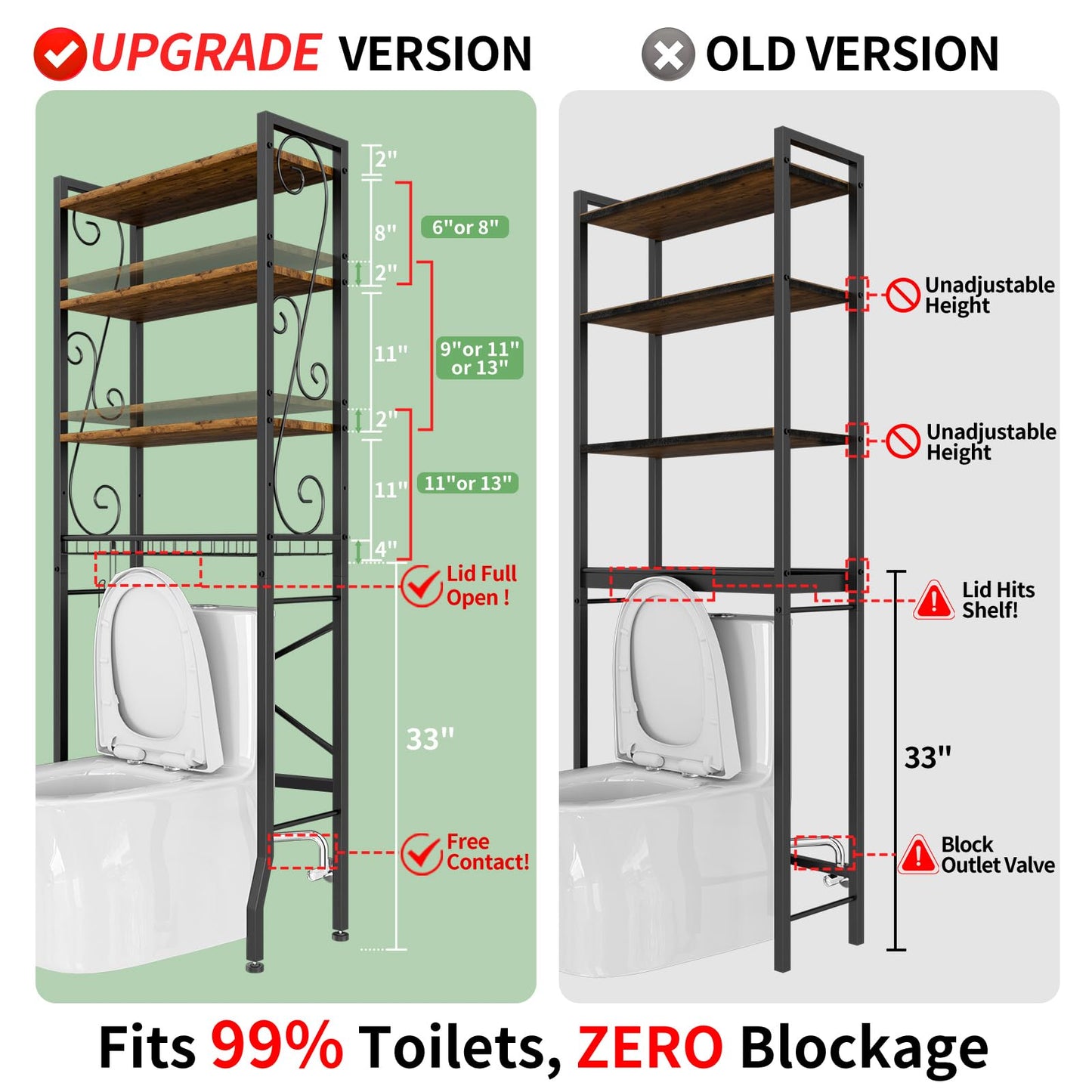 Over-The-Toilet Storage Rack 4-Tier,Bathroom Organizer Shelf Over Toilet,Adjustable Wooden Shelves and Basket,Freestanding Above Toilet Shelf,Space Saver for Rooms(Black Rack-Rustic Brown Shelves)