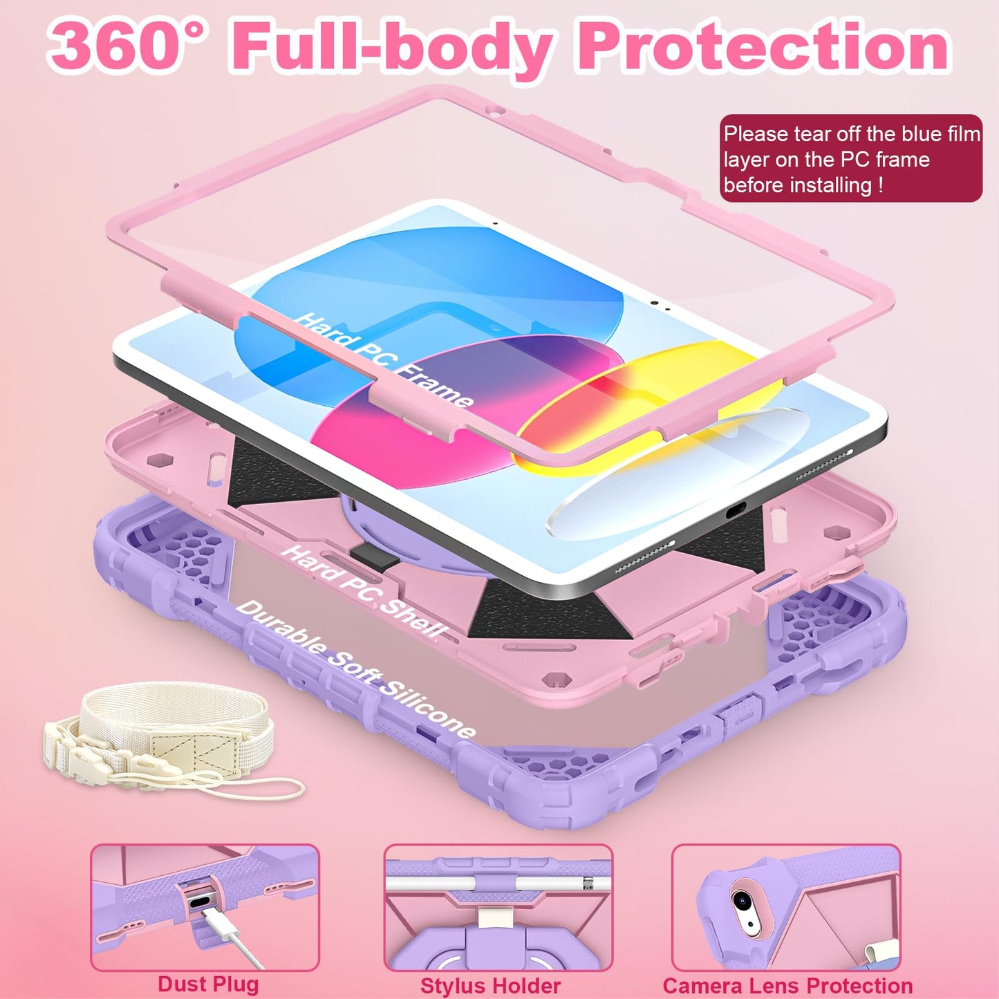 WESOROL Case for iPad (A16) 11th/10th Generation 2025/2022 with Screen Protector Rotating Stand Pencil Holder iPad Case 10th Generation Shockproof Cover for iPad 11th/10th Gen Cases Kids,Purple Rose