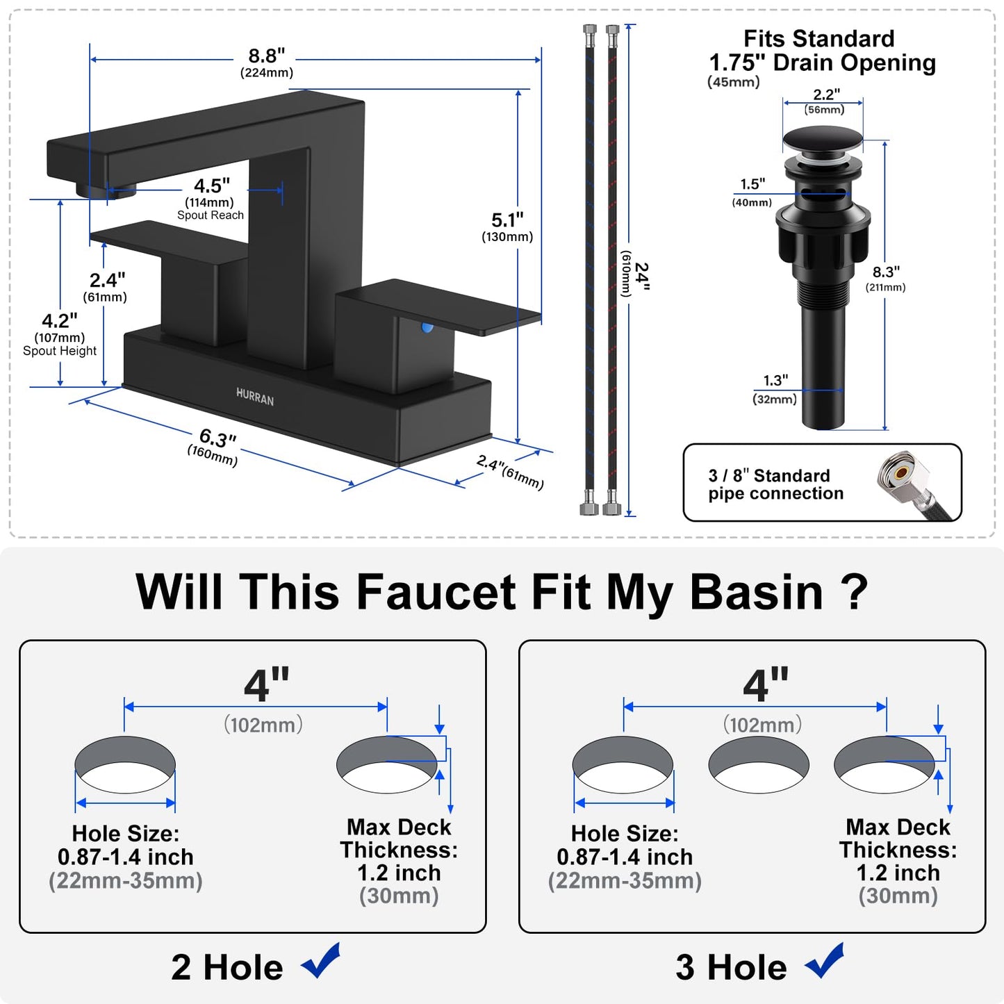 Matte Black Bathroom Sink Faucet, Hurran 4 inch Bathroom Faucets for Sink 3 Hole with Pop-up Drain and Supply Lines, Stainless Steel 2-Handle Faucet for Vanity RV Restroom, 2 Pack