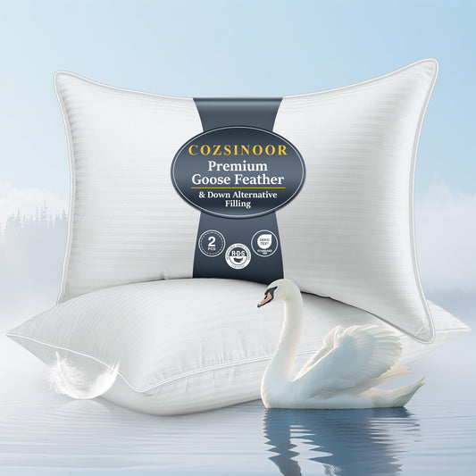 COZSINOOR Goose Down Feather Pillows Queen Size Set of 2 - Hotel Down Bed Pillow for Sleeping, Soft 600 TC Cotton Cover, Fluffy Support Surround Fill Down Alternative for Back, Stomach, Side Sleepers