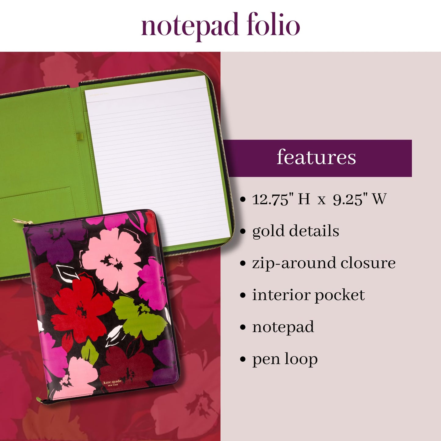 kate spade new york 13.25" x 9.50" Faux Leather Notepad Zip Folio with Interior Pocket, Zipper Close, and Pen Loop (Painterly Blooms)