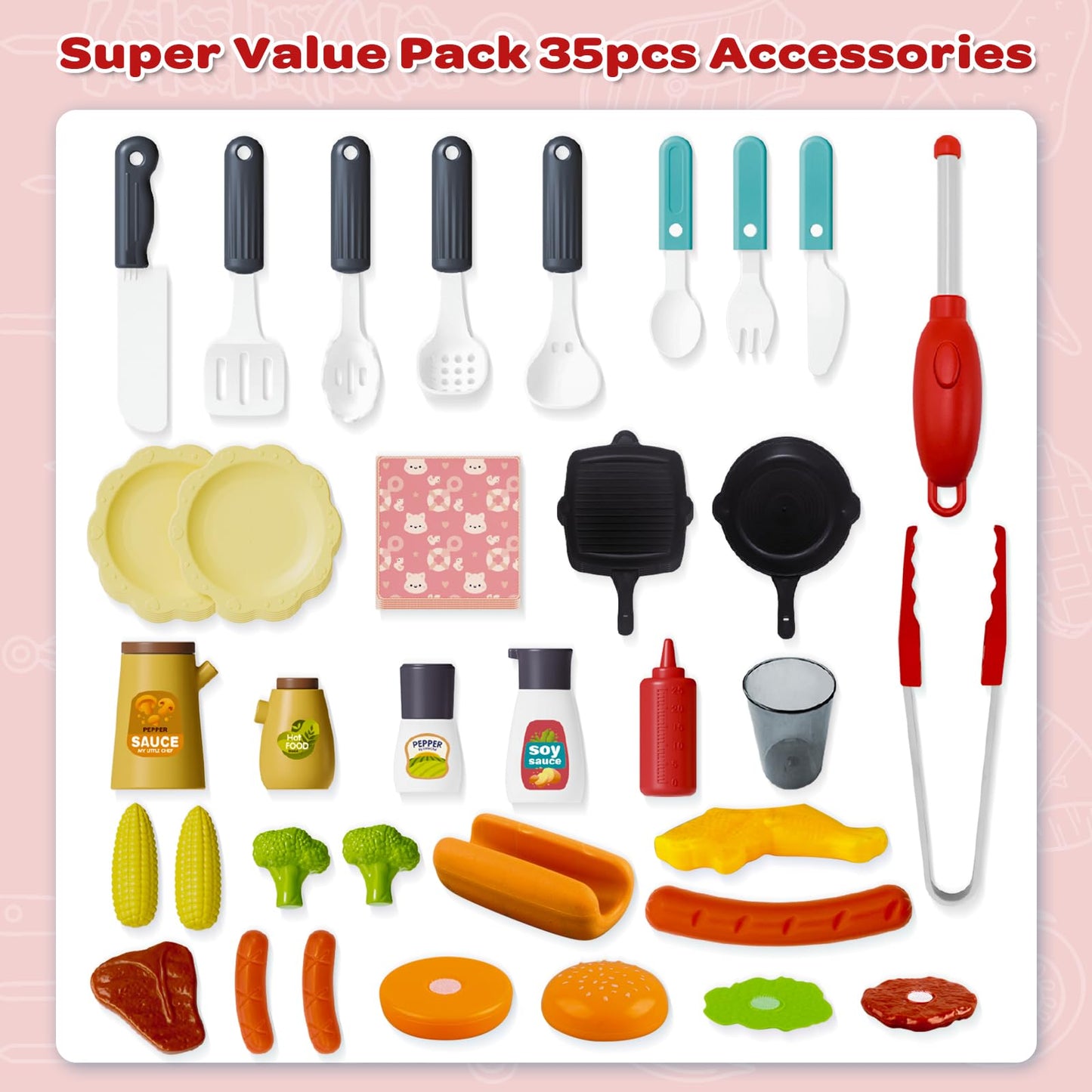 35pcs Kitchen Toy Set, Toy BBQ Grill Set, Cooking Toy Set, Little Chef Play, Kids Grill Playset Interactive BBQ Toy Set for Kids, Kids Kitchen Playset Toy Christmas Birthday Gift for Boys Girls Kids