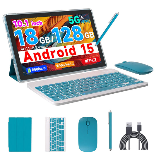 COOPERS Tablet Android 15, 10 inch Tablet 18GB RAM+128GB ROM 2TB Expandable, 2.0Ghz Quad-core Processor, 5G WiFi6 BT 5.0, Dual Cameras, 2 in 1 Tablets with Keyboard Case Mouse Stylus, Widevine L1 Blue