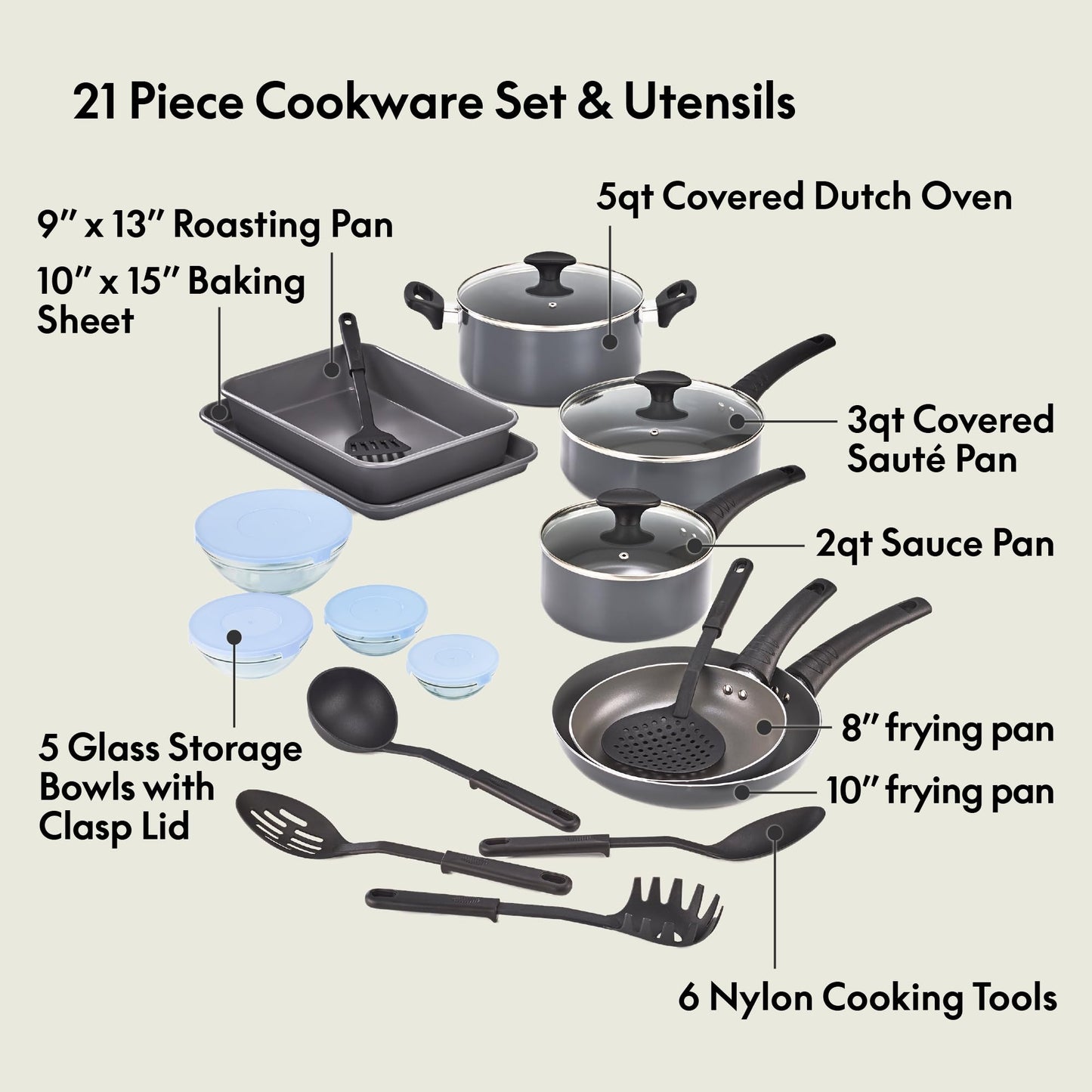 bella Cookware Set with Glass Lids with Nonstick, PFOA Free and Scratch Resistant Surface, Aluminum Bakeware, Pots and Pans, Storage Bowls & Utensils, Compatible with All Stovetops, 21 Piece, Gray