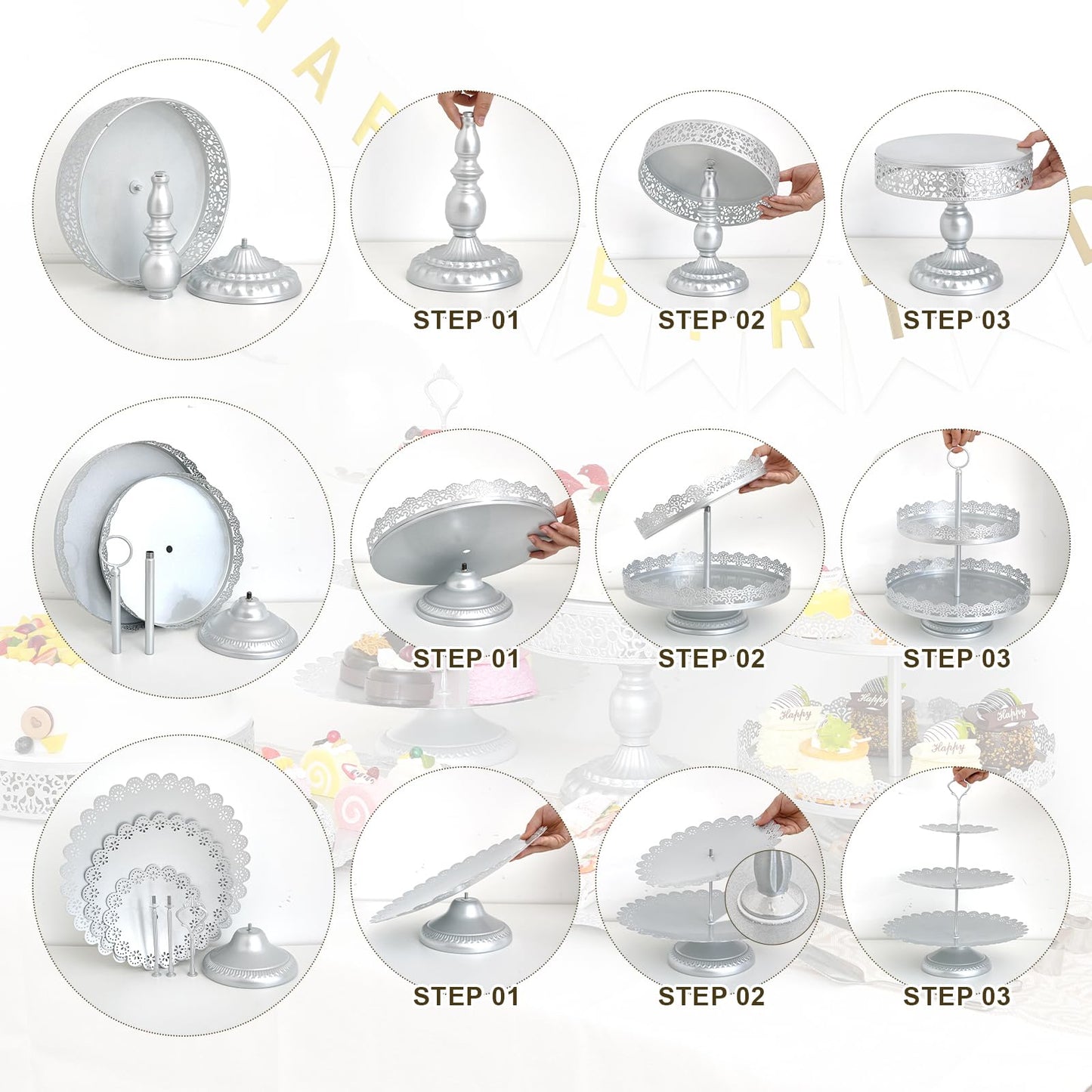 Aofure 11 Pcs Silver Metal Cake Stand Set, Dessert Table Display Set for Party, Cupcake Stand and Candy Table Display Sets for Wedding, Birthday Celebration