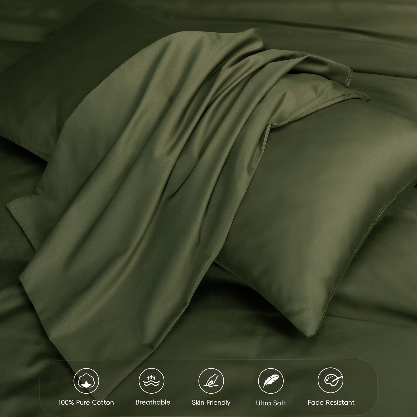 MooMee Duvet Cover Set 100% Extra Long Staple Cotton 600 Thread Count Silky Sateen Smooth Luxury Soft Breathable Durable Hotel Quality Bedding, 3 Pieces (Olive Green, Queen 90"x90")