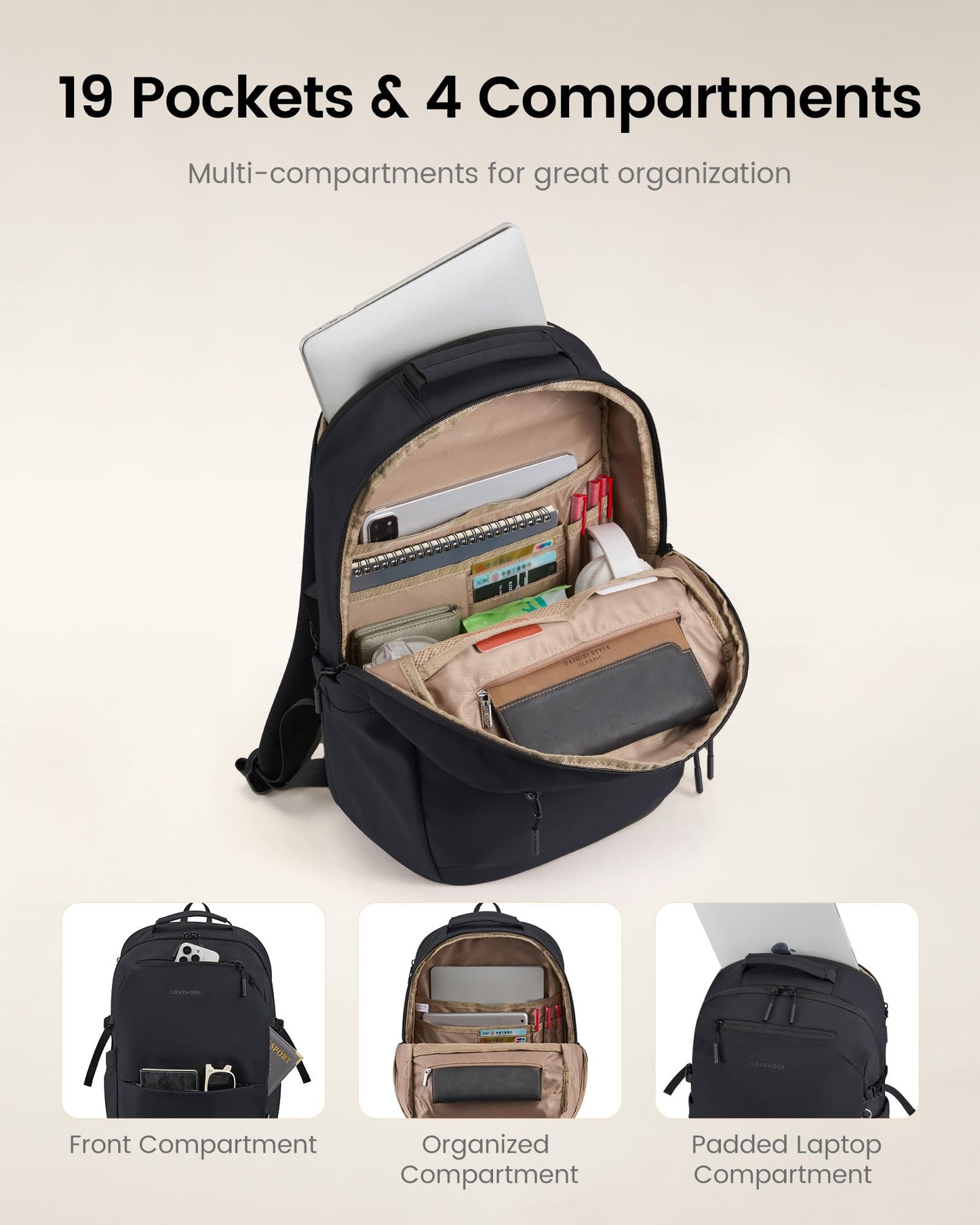 LOVEVOOK Laptop Backpack for Women Men with Giant Tumbler Holder - 15.6Inch Work Computer Travel Backpack with Laptop Compartment, Water Resistant, Cute Commuter College Teacher Nurse Purse Bag,Black