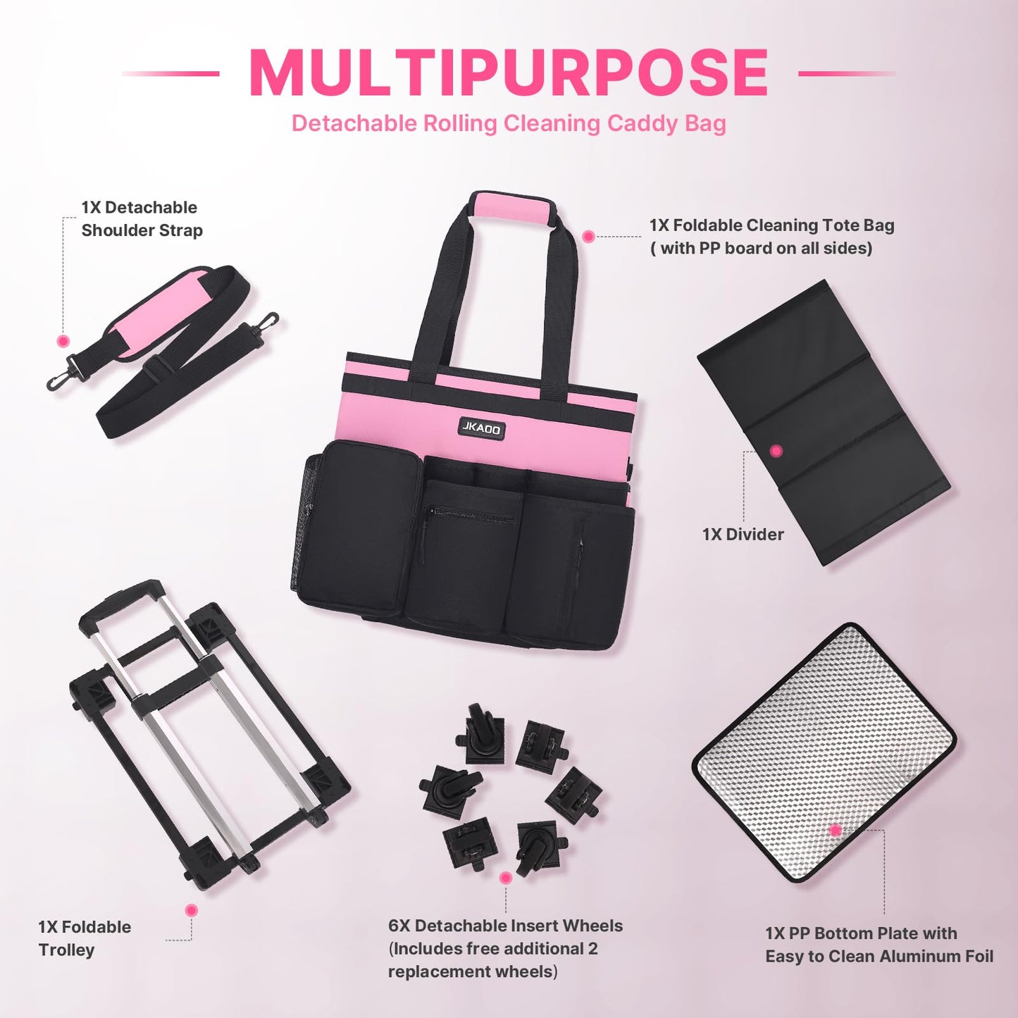 JKAOO Large Rolling Cleaning Caddy Bag with Detachable Trolley, Waterproof Cleaning Caddy on Wheels for Housekeepers, Cleaning Cart Supplies Organizer for Home,Car,Office,Picnic (Pink) (in Patent)