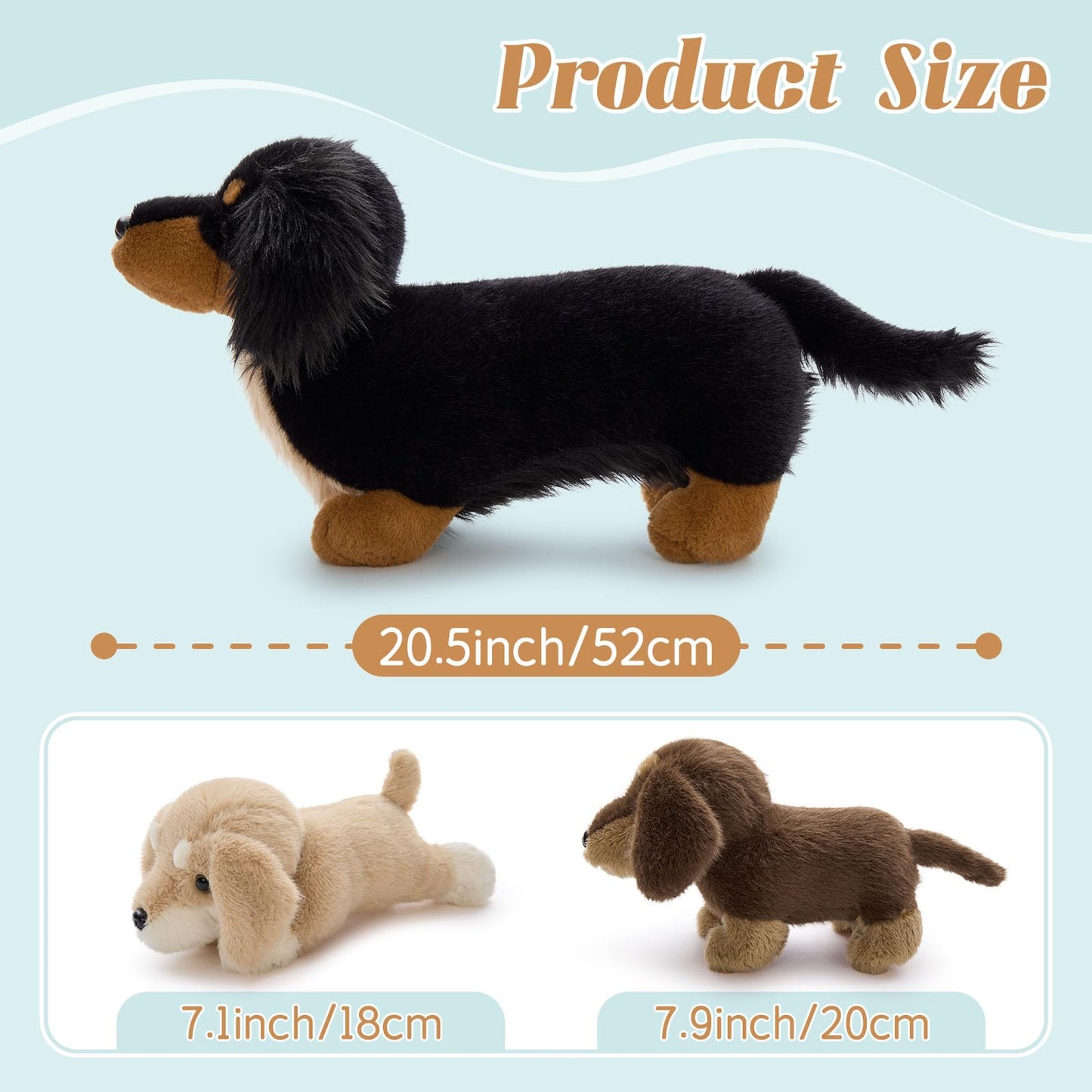 MorisMos 20'' Large Sausage Dog Stuffed Animal Mommy with Baby Puppy Toys for Kids, 3Pcs Realistic Long Hair Sausage Toys for Girl Boy Birthday Christmas