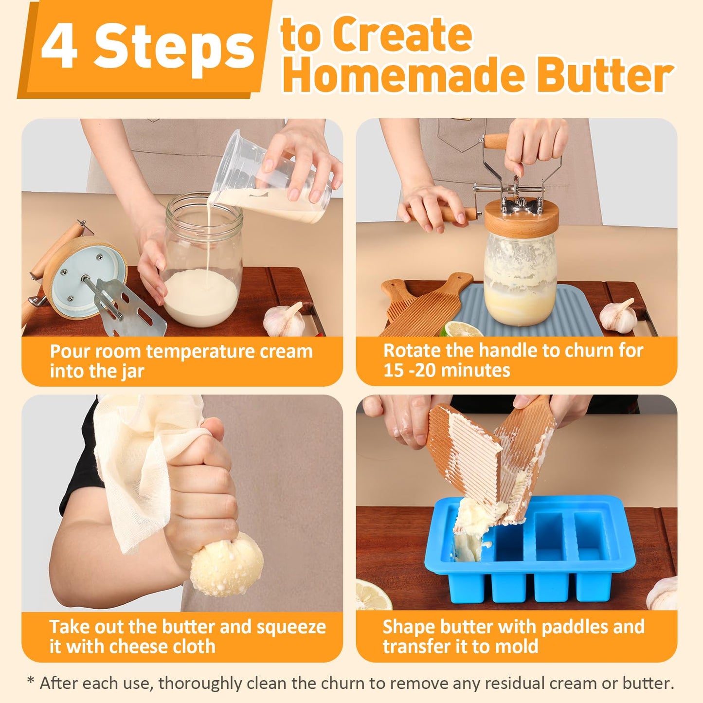 TeeMars Butter Churner - Upgraded Hand Crank Mason Jar Butter Churn, 34oz Butter Churn Kit with 14 Recipe, Butter Paddle, Butter Mold with Lid, Cheese Cloth, Anti-slip Mat, Homemade Butter in 15Min