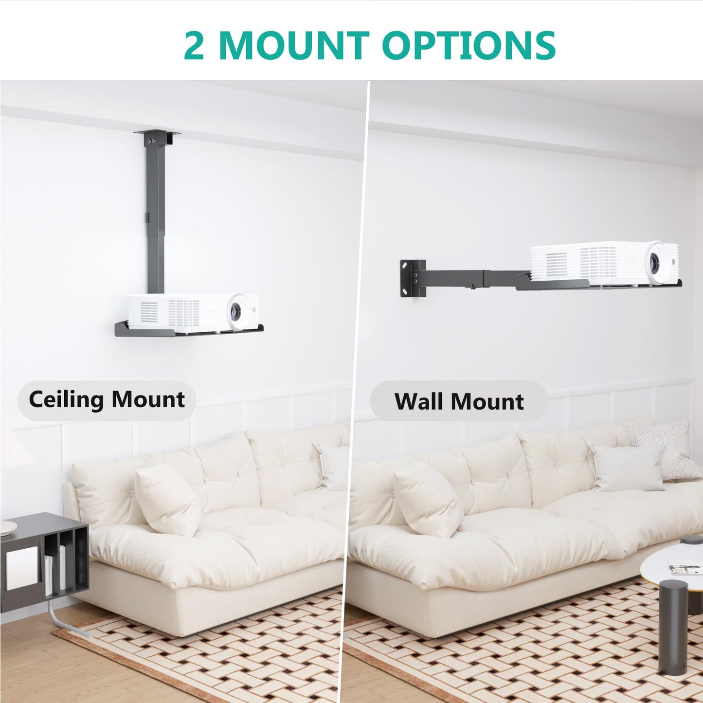 WALI Projector Ceiling Mount Tray，Projector Wall Mount Holds up to 22lbs, Height Adjustable Universal Projector Mount, No Hole Installation, Hidden Cable Routing, Black(PM-005-B)