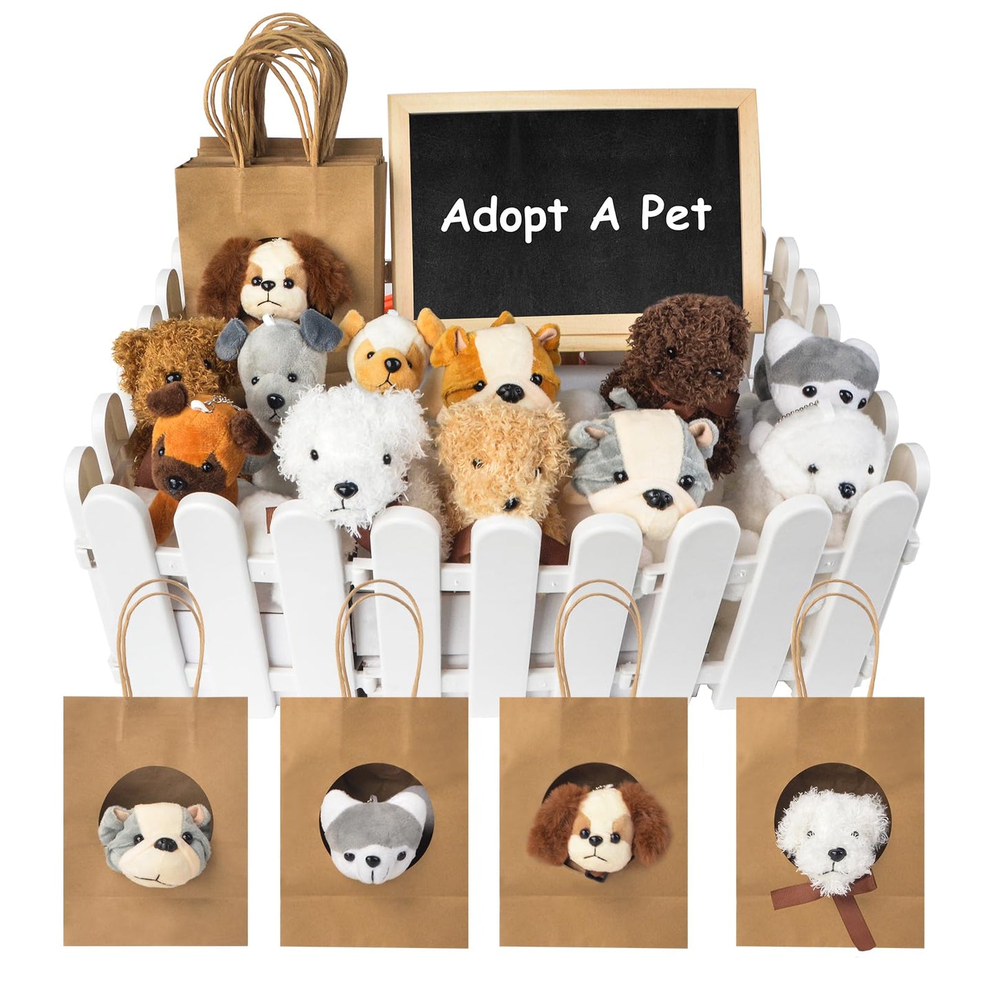 letesult 36Pcs Adopt A Puppy Party Favors, Mini Stuffed Animals Adopt A Dog Set Includes 12 Stuffed Dogs 12 Kraft Paper Bags 10 White Plastic Fence Mini Chalkboard & Chalk Marker for Adopt A Pet Party