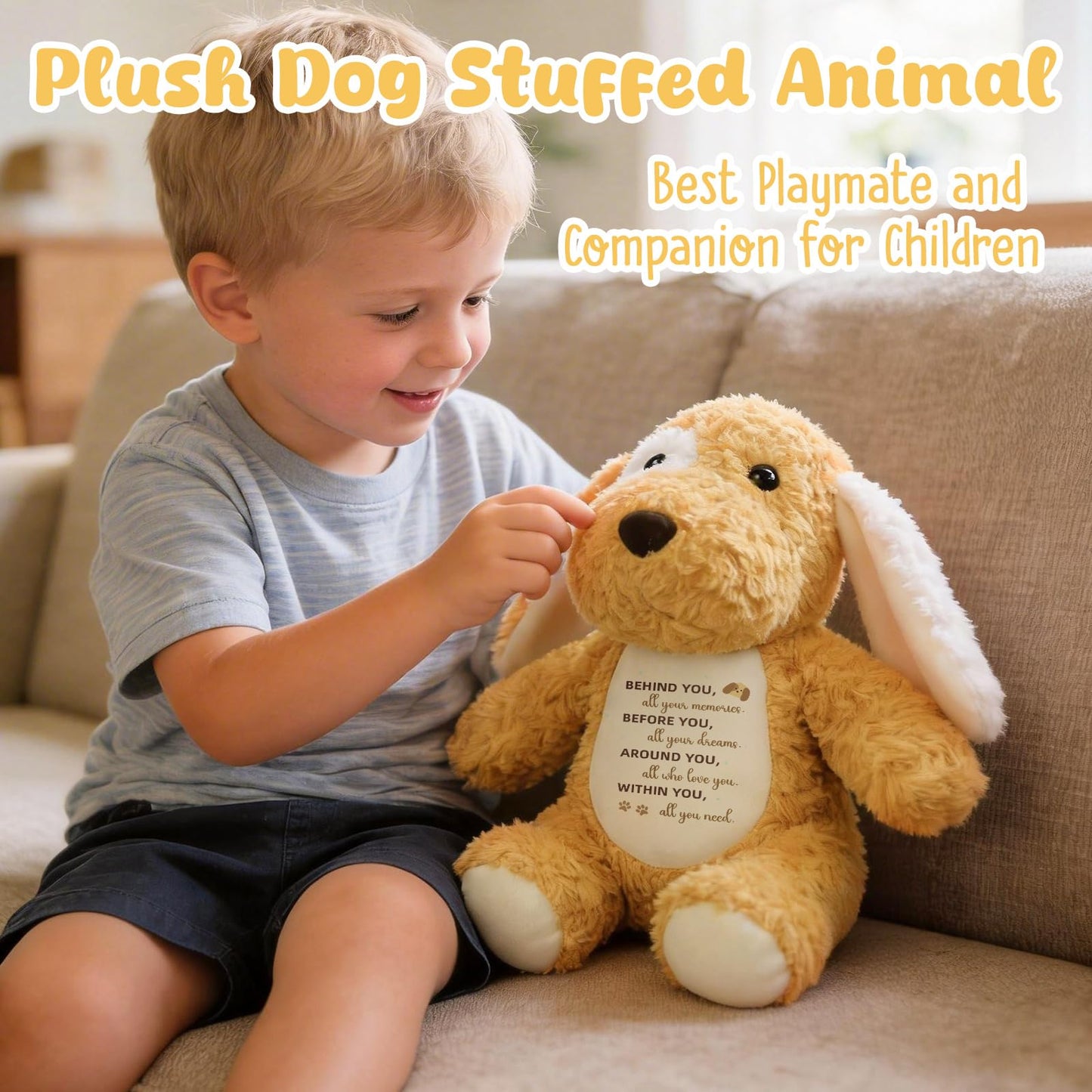 WoollyPearl Soft Puppy Dog Stuffed Animal with Positive Affirmation Message, Inspirational Farewell Graduation Birthday Gifts for Kids Daughter Son Friends, Thoughtful Leaving Goodbye Retirement Gift