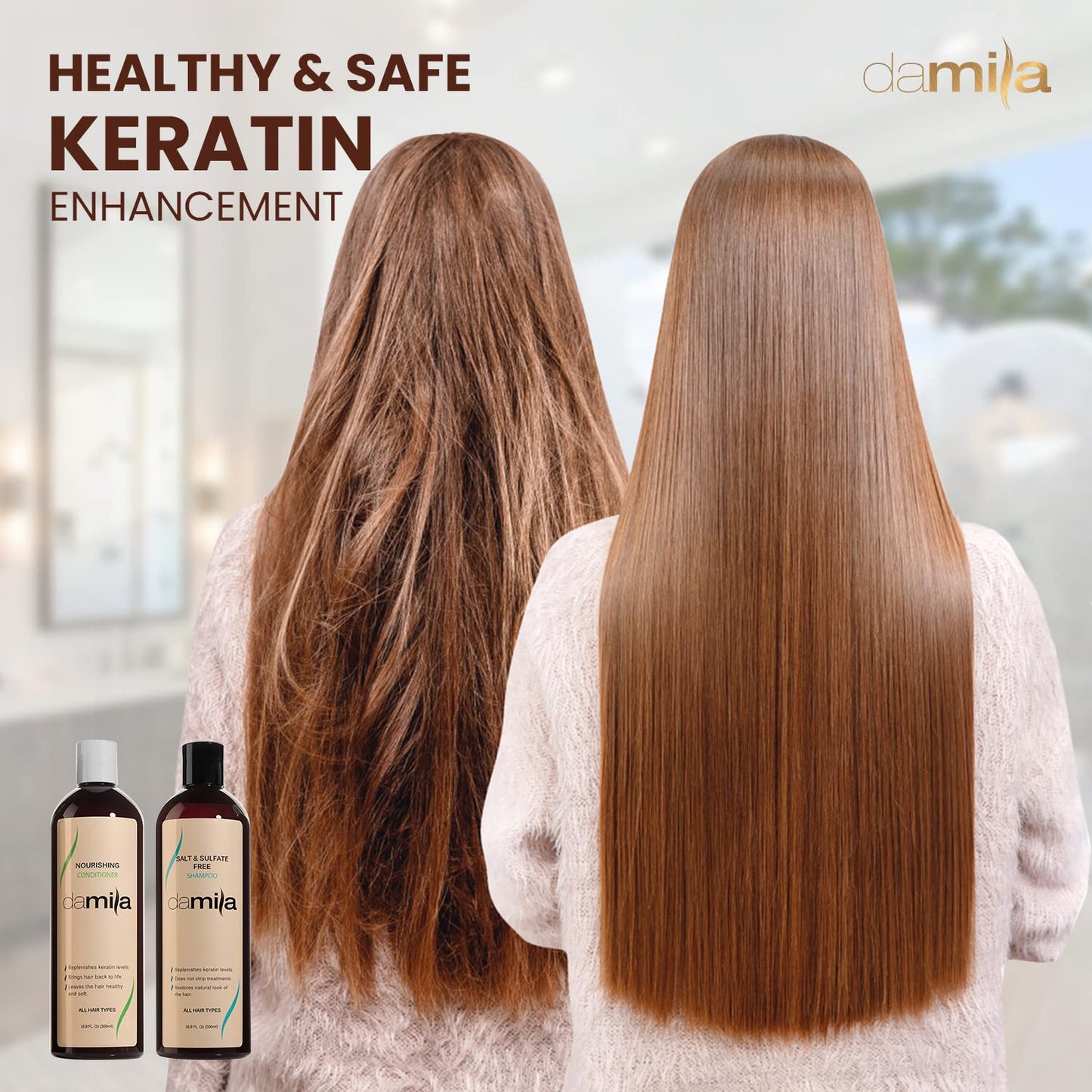 Damila Salt & Sulfate Free Shampoo & Conditioner for Keratin and Color Treated Hair - Professional Keratin Value Pack for Damaged, Frizzy, Curly, Dry & Thin Hair - Shampoo Sin Sal - 33.8 Fl Oz