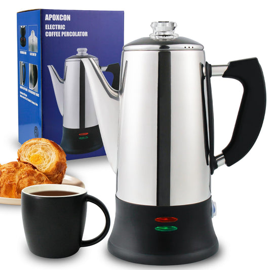 APOXCON Electric Coffee Percolator Stainless Steel Coffee Maker with Heat Resistant Tough Glass Clear Brew Progress Knob, Keep Warm & Cordless Serving Classic Coffee Pot with On/OFF Switch 12 Cup