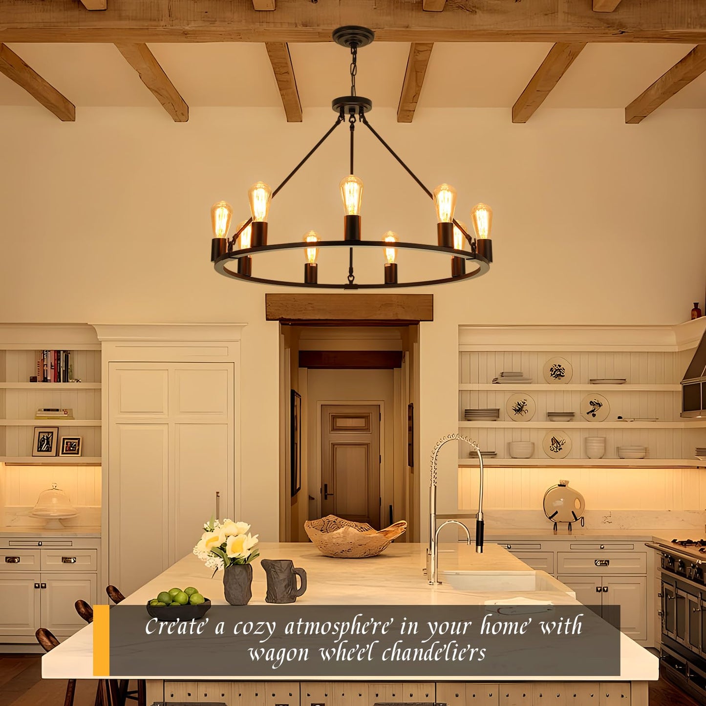Senyshilon 9-Lights Farmhouse Chandelier | Dia 32'' Black Wagon Wheel Chandelier | Rustic Hanging Dining Room Light Fixture | Apply to Living Room | Kitchen Island | Entryway | Foyer