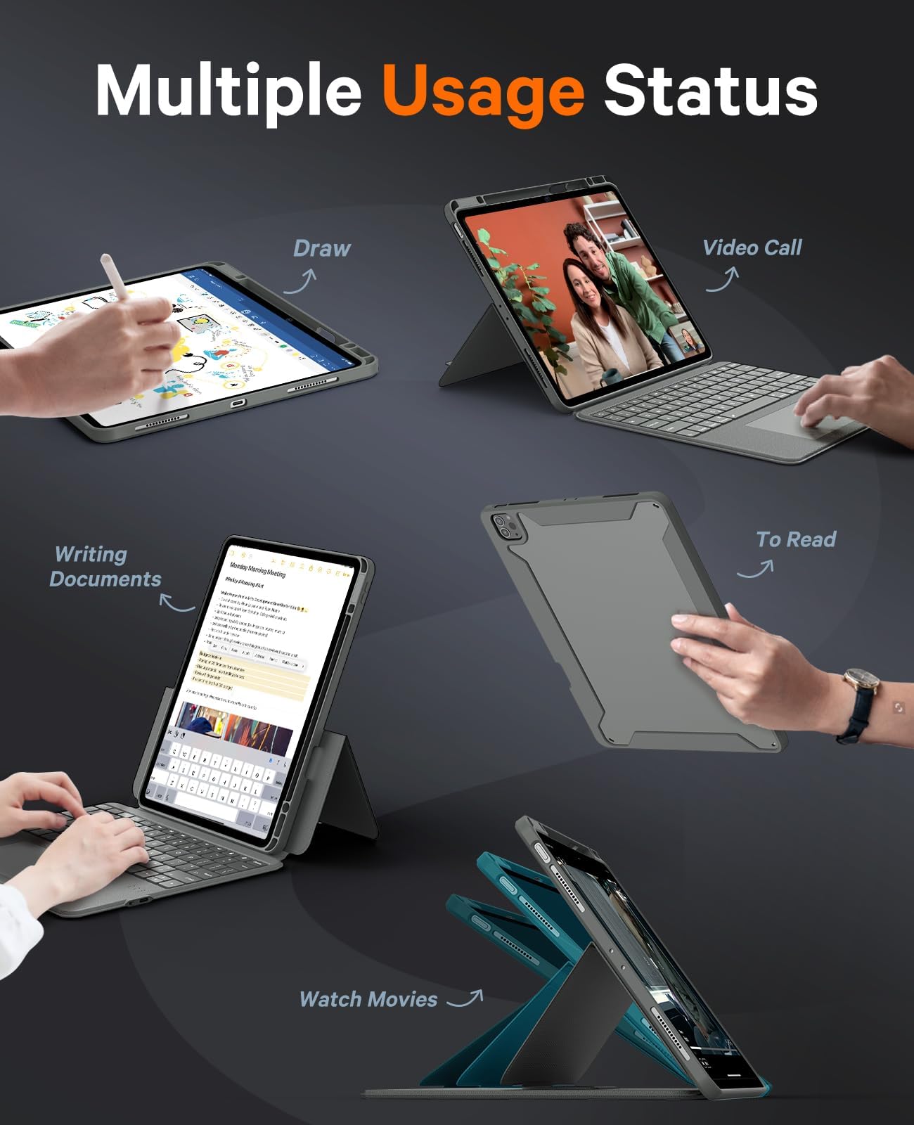 CHESONA Rugged for iPad Air 13 Inch (M3/M2, 2025/2024), iPad Pro 12.9 Case with Keyboard, Magnetic Detachable Case & 7-Color Backlit, Smart Trackpad, 15°-180° Adjustable, Portrait/Landscape, Gray