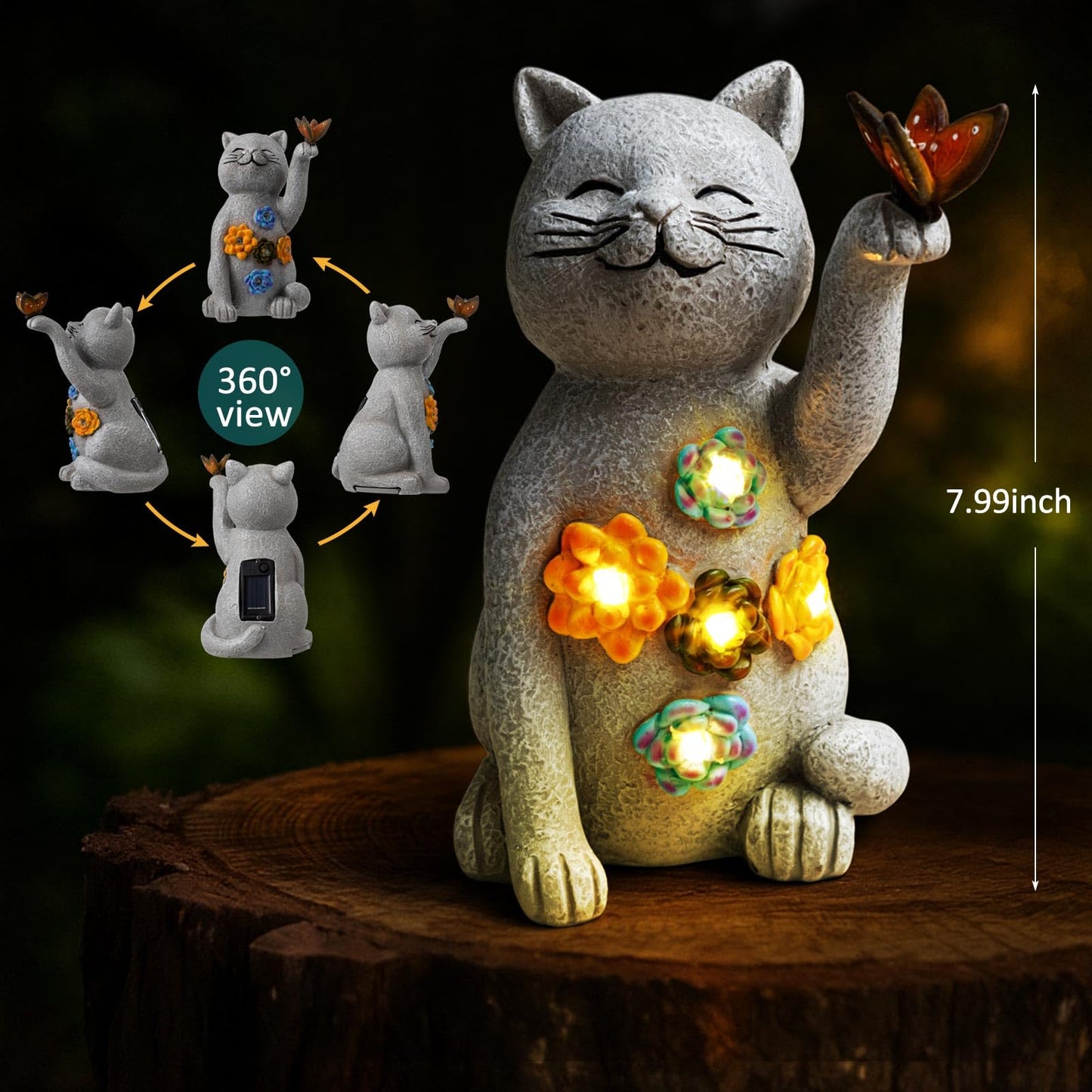 Riakrum Hide a Key Outside Cat Figurine Key Hiders Outside Garden Cat Statues Resin with Solar Light Decorations for Yard Outdoor, Housewarming Birthday Gift for Women