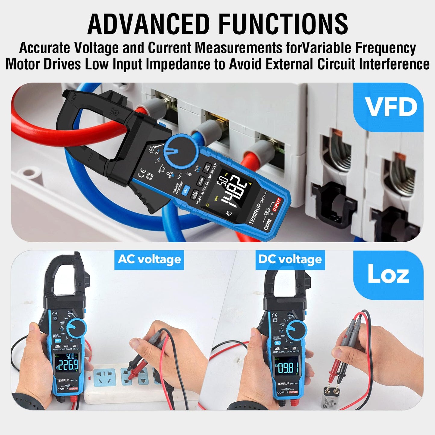 Inrush Digital Clamp Meter Multimeter - TEMIRUP T-RMS 6000 Counts 1000A Amp Voltage Tester with VFD, LOZ, Measures NCV, AC/DC Voltage Current, Continuity Capacitance Frequency Resistance, Temperature