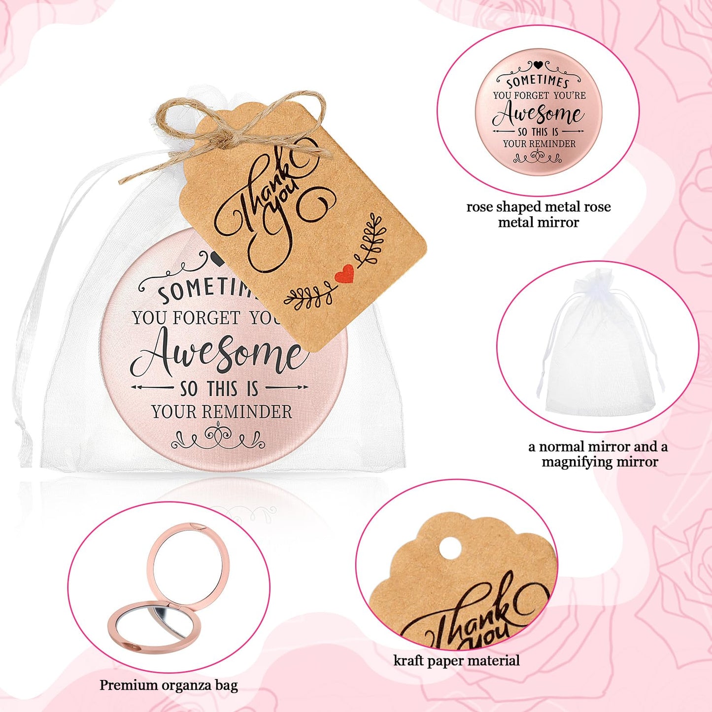Soaoo 24 Set Sometimes You Forget Your Awesome Mirrors Gifts Bulk for Women Inspirational Appreciation Double Sided Pocket Compact Makeup Mirrors for Employee Coworker Wedding Bridal Shower Gift