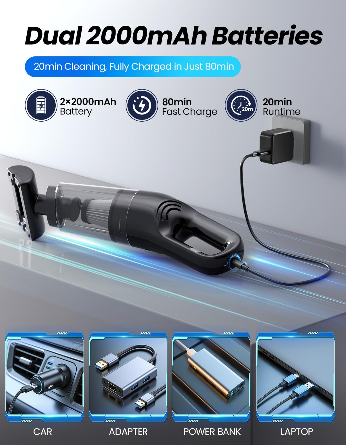 MZHSMZHR Handheld Vacuum Cordless, 26,000 Pa High Power Suction, Portable Rechargeable Car Vacuum Cleaner for Home, Office, Pet Hair, Car Detailing, Black