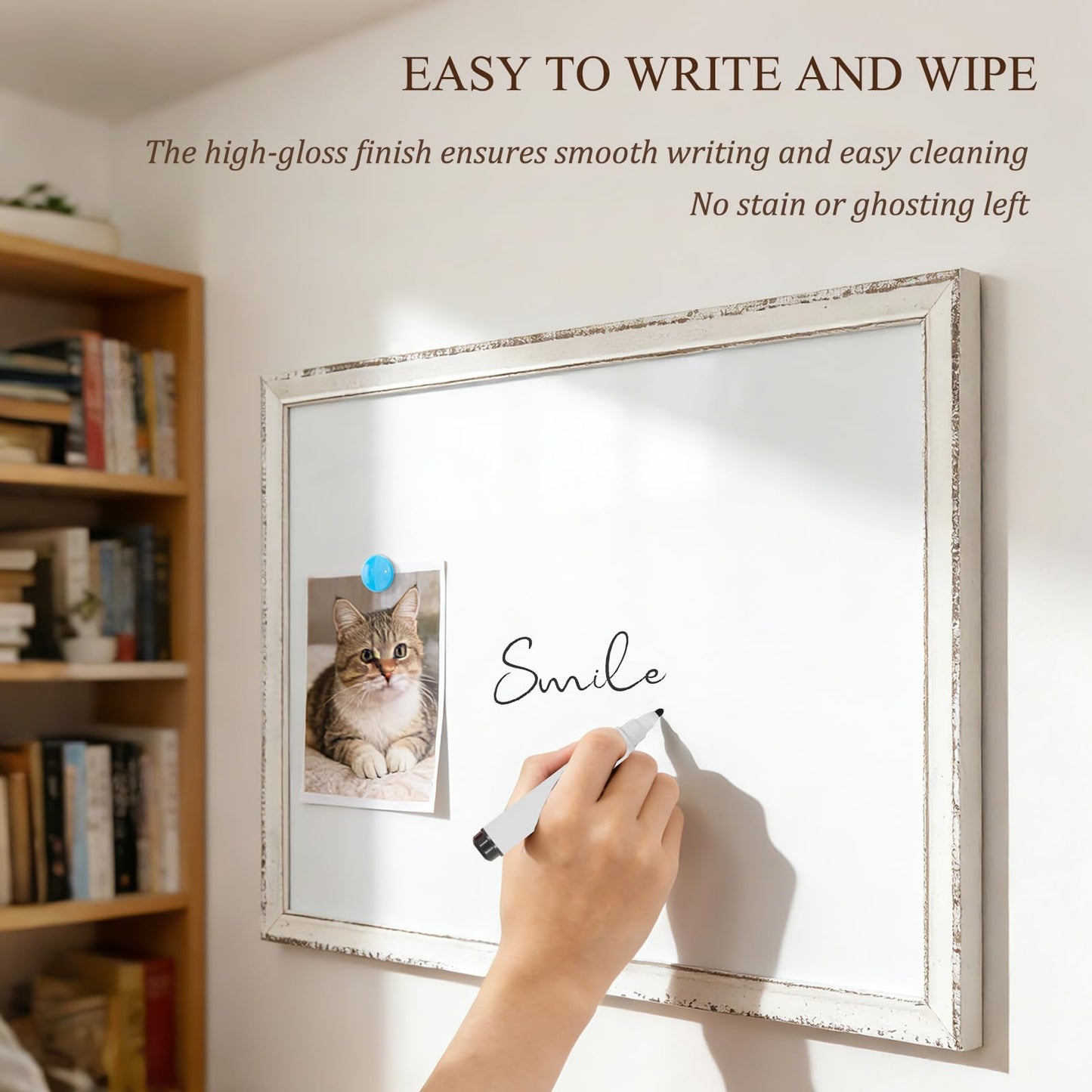 QUEENLINK White Board for Wall, 24" x 18" Magnetic Dry Erase Board, Rustic Wooden Frame Decorative Whiteboard, Wall Mounted, Distressed Whitewash, Aesthetic Writing Board for Home, Office, School