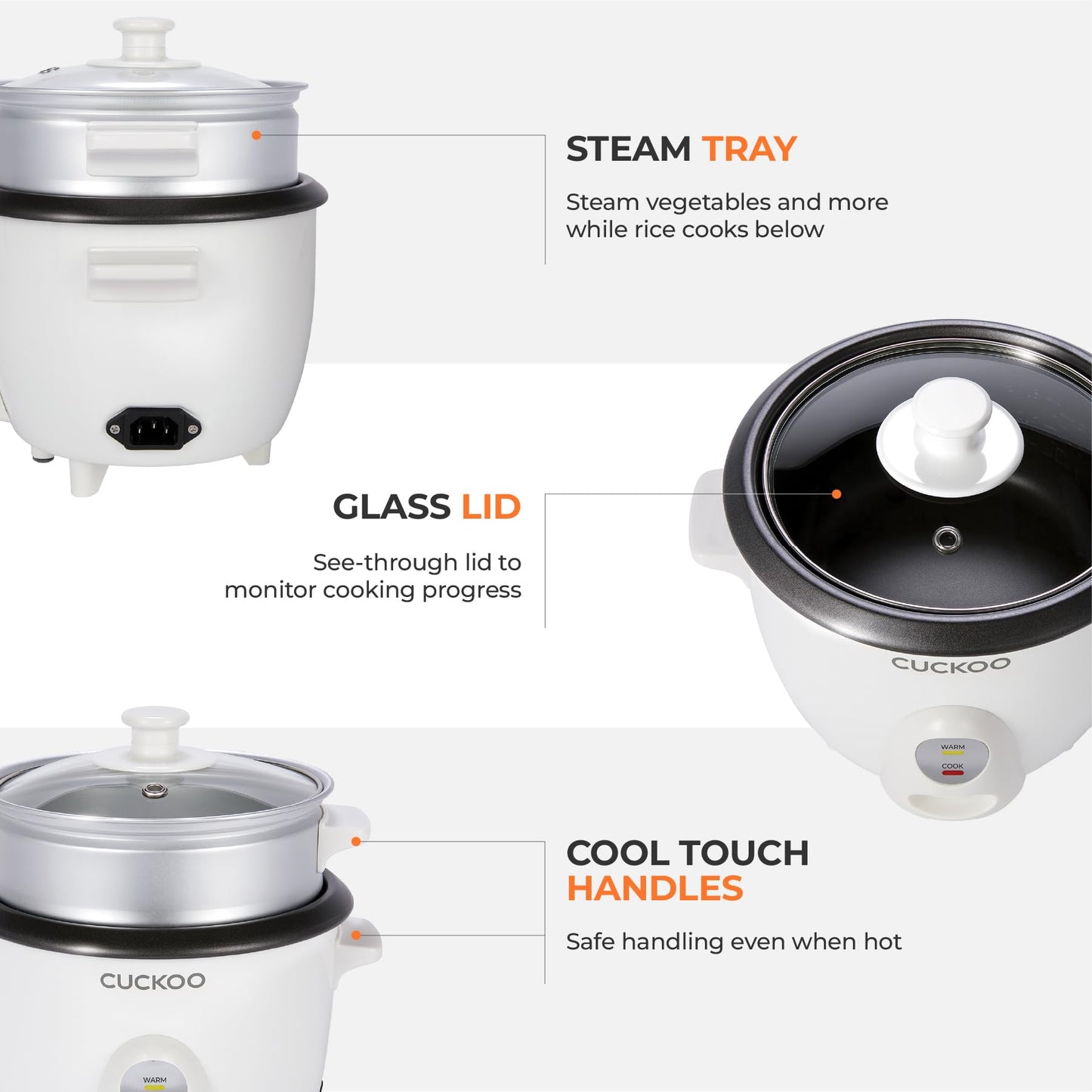 CUCKOO One Touch Rice Cooker 3-Cup (Uncooked) / 6-Cup (Cooked), Mini Rice Cooker & Warmer with Steamer Tray, Versatile Grain Cooker, Soup Maker, Auto Keep Warm, White (CR-0301C)
