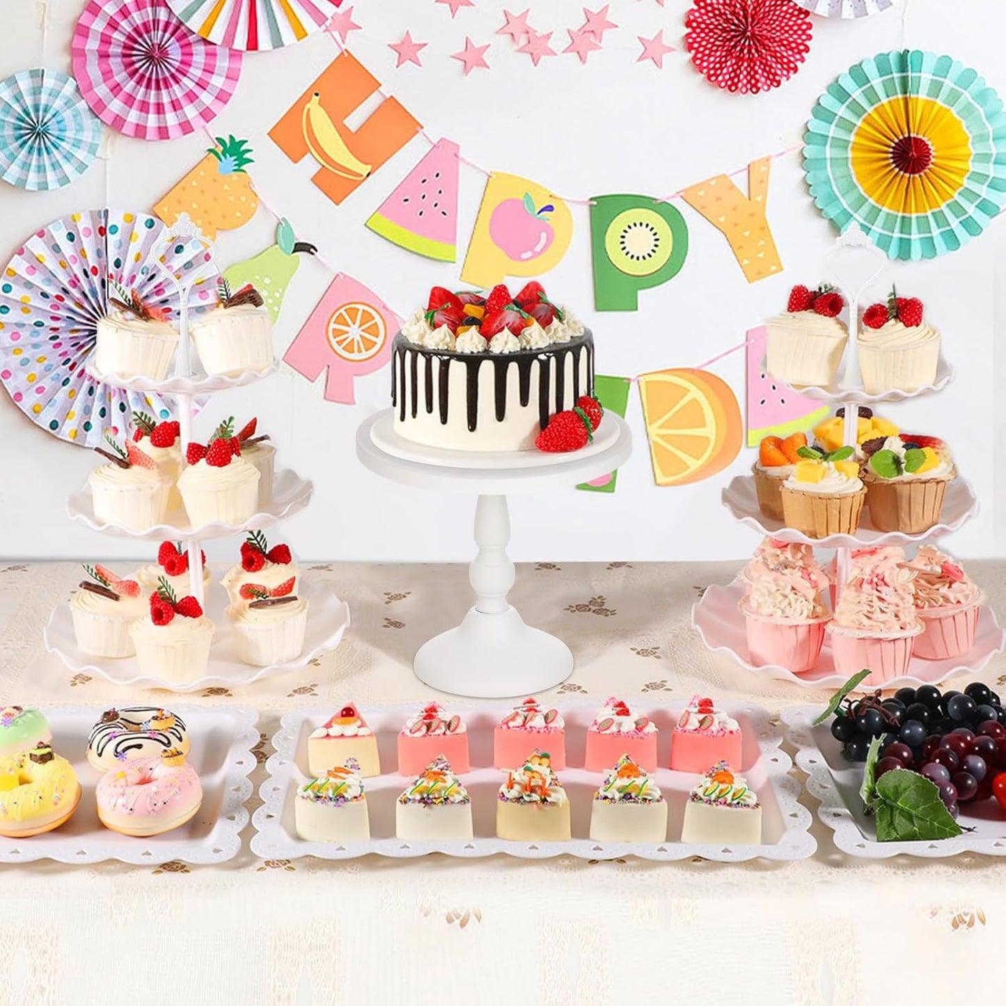 7 Pcs Dessert Table Stand Set 2 Pcs 3-Tier Plastic Cupcake Stands 1 Pc Metal White Cake Stand for Party Cookie Tray Rack Serving Tray Display Tower for Wedding Baby Shower