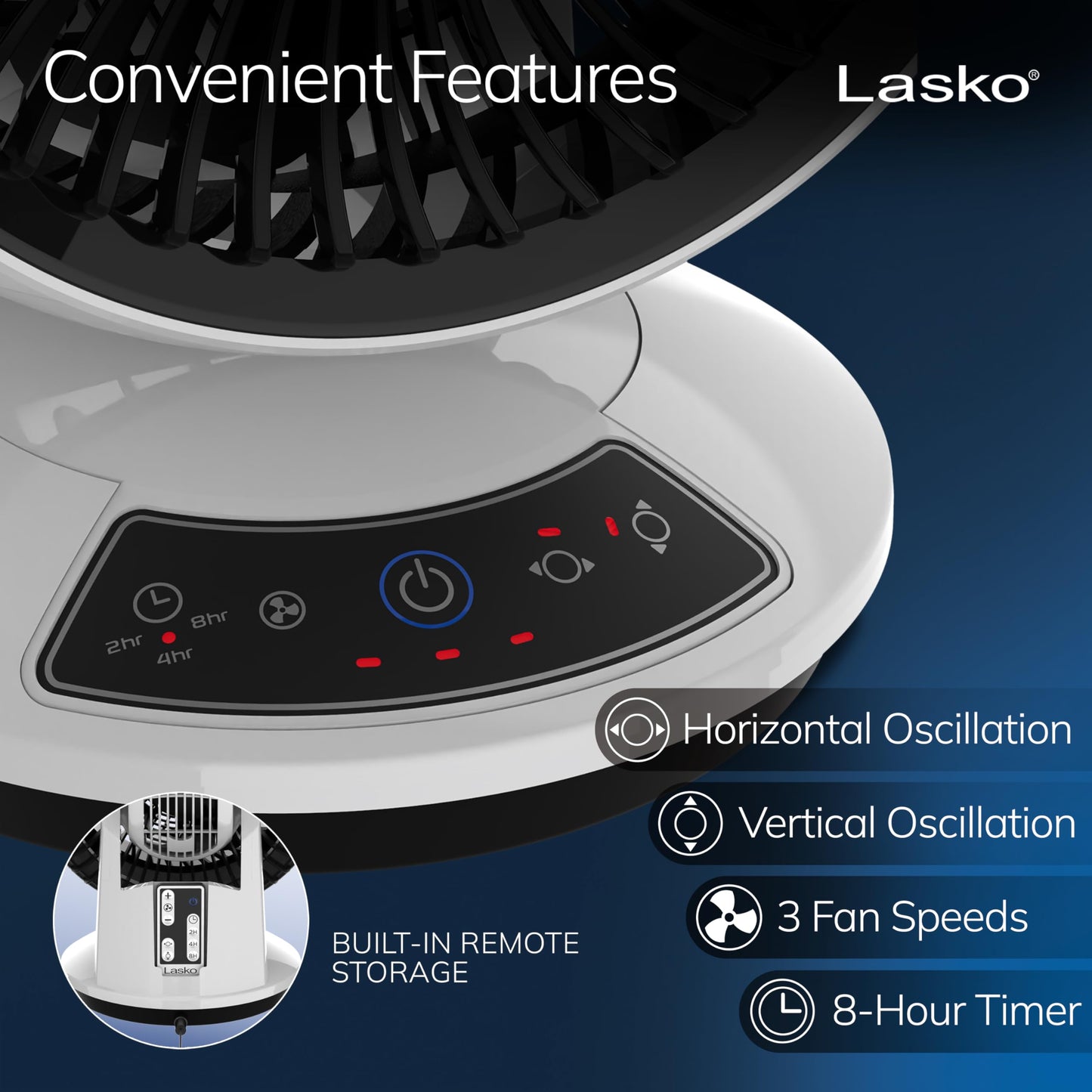 Lasko Whirlwind Orbital Motion Air Circulator Table Fan, 3 Speeds, Timer, Dark Mode, Remote Control for Small and Medium Sized Rooms, White, A12557