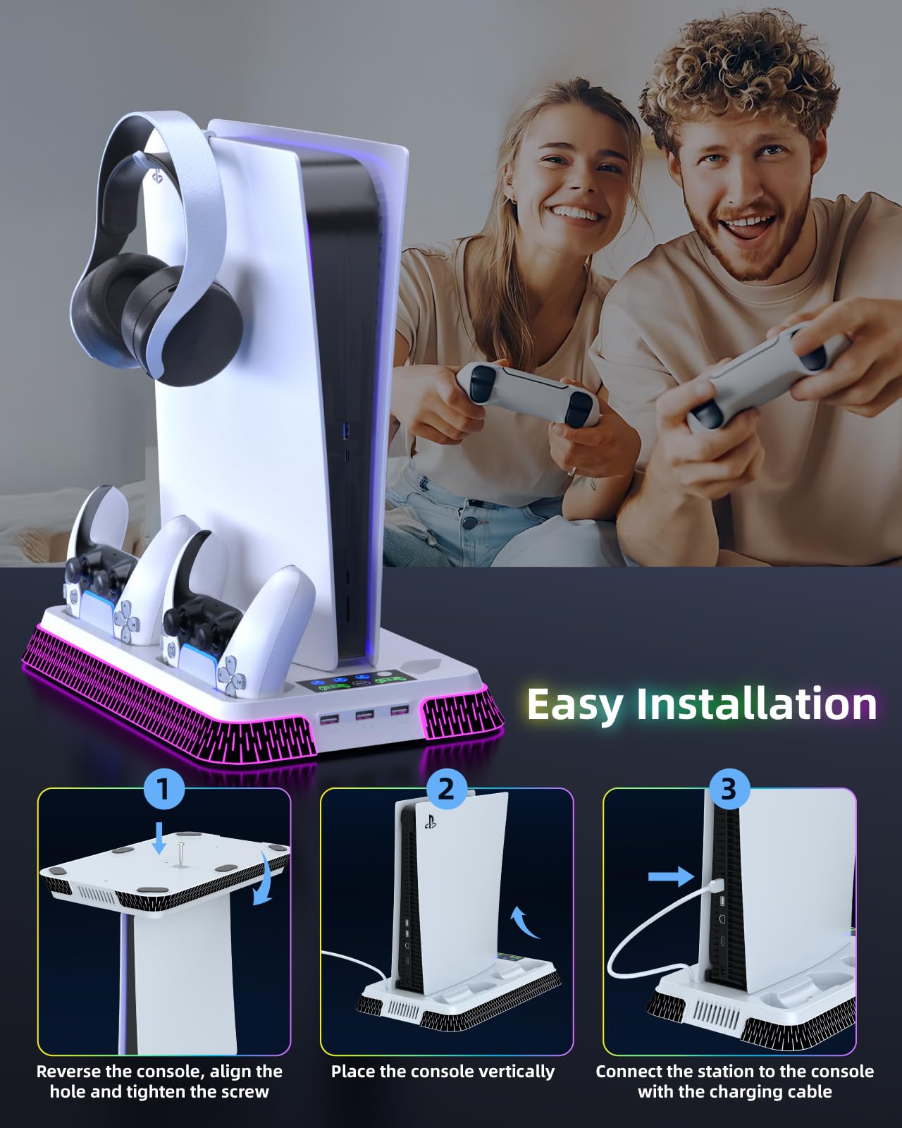 Lictin PS5 / PS5 Pro / PS5 Slim Stand and Cooling Station, Controller Charging Station for PlayStation 5 Console, PS5 Stand Controller Charger for Disc & Digital with Cooling Fan