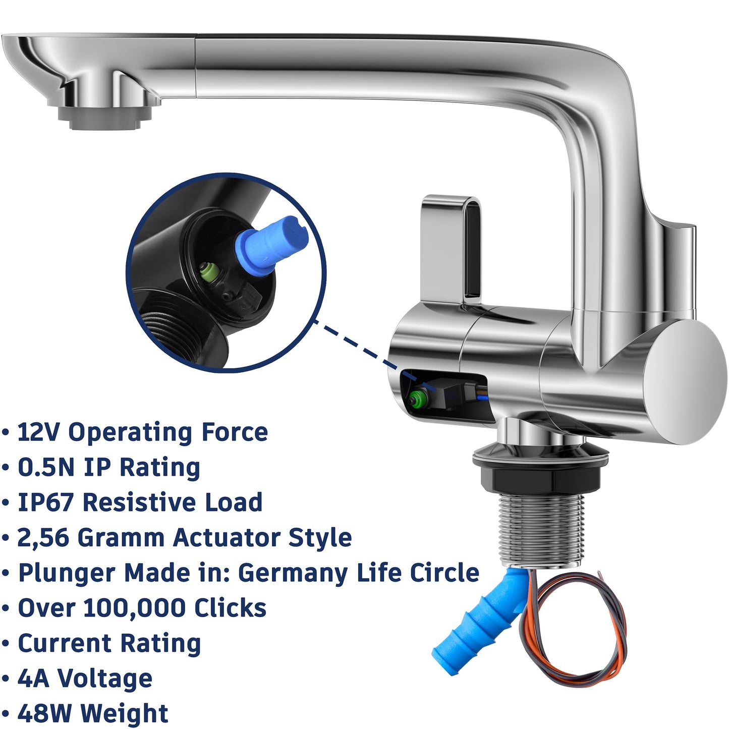 Bazpo 12V Faucet with Switch – German Made 1.5 BAR | Cold Water RV Sink Electric Faucet 360° Swivel Spout, 6A | for Camper Vans, Trailers, Marine Use | Single Hole – 12V Pump Compatible (Chrome)