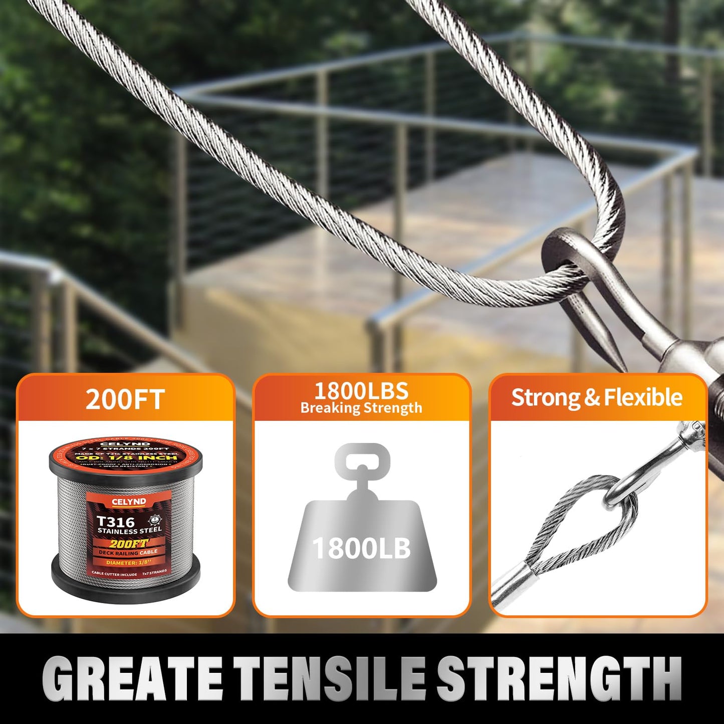 CELYND Stainless Steel Cable for Railing - 200FT 1/8" T316 Wire Rope Cable for Deck Railings System Kit with Cutter