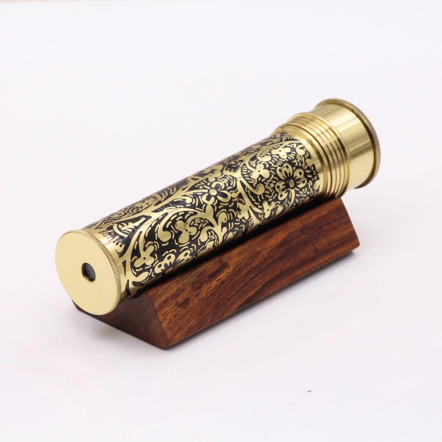 RII Etched Brass Handmade Kaleidoscope Explore Endless Colour with Lampworking Glass Beads, Wooden Display Stand, Dry Object Chamber- A Unique Gift and A New Addition Add Your Kaleidoscope Collection