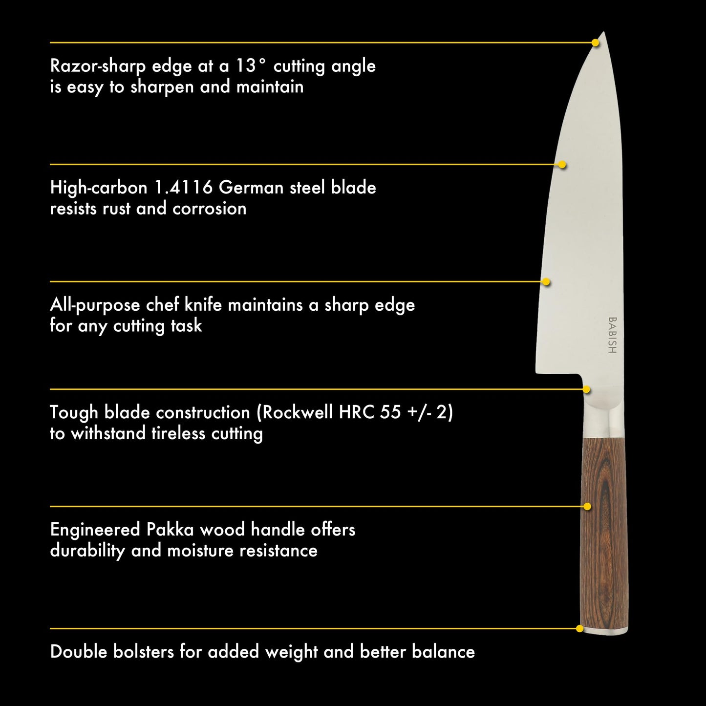 Babish 8-Inch Chef Knife – High-Carbon 1.4116 German Steel Kitchen Knife with Dark Pakka Wood Handle, Full-Tang Razor Sharp Chef’s Blade for Chopping, Slicing, Dicing & Everyday Prep