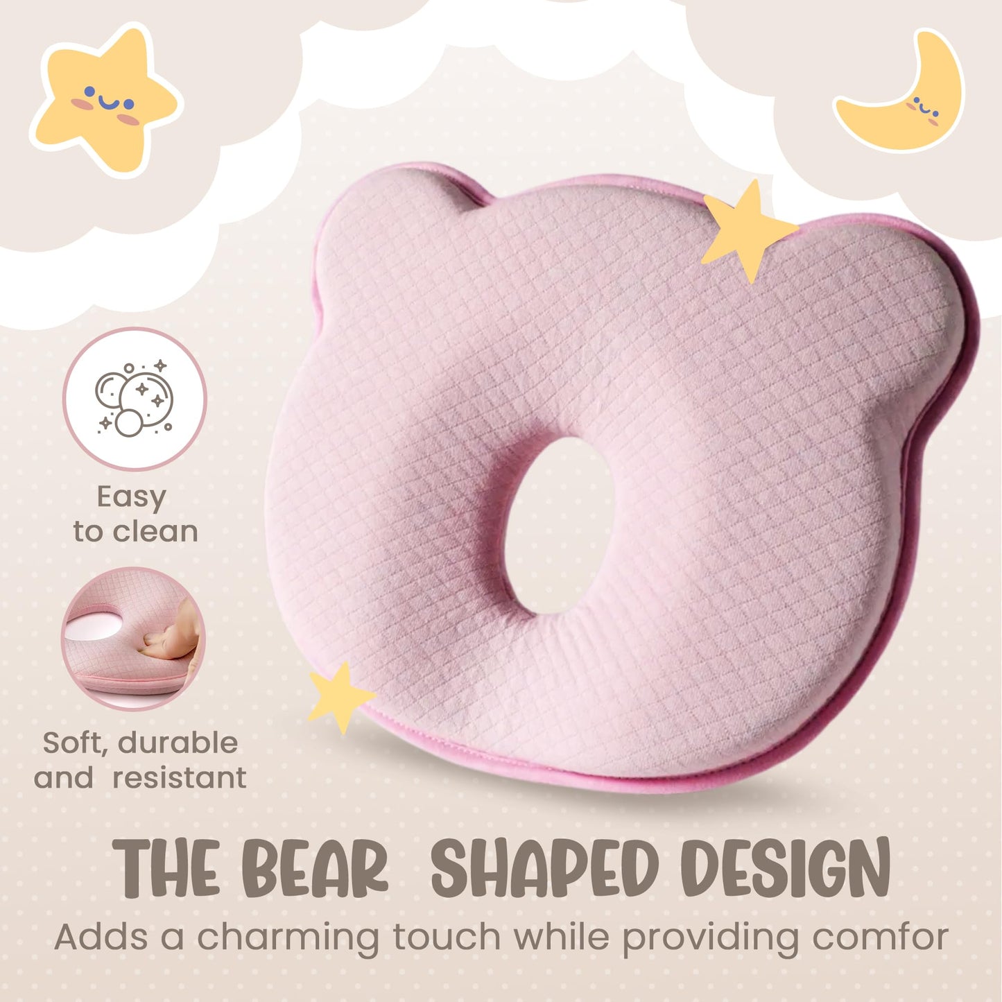 MarBoost Soft and Breathable Baby Pillow with Memory Foam and Bear Design (Pink)